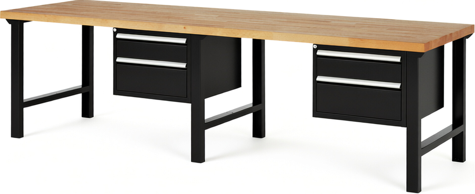Werkbank Modell 7123 schwarz, BxTxH 3000x900x840 mm,  Buche-Massiv Arbeitsplatte 40 mm,  4 Schubladen mit  Vollauszug 100 % und  SoftClosing