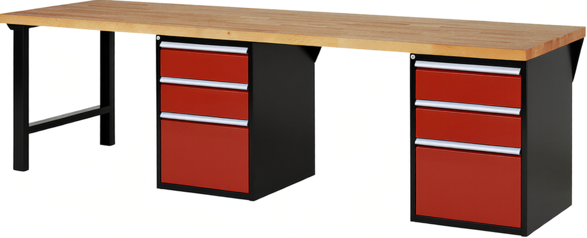 Werkbank Modell 7507 schwarz-rot, BxTxH 3000x900x840 mm,  Buche-Massiv Arbeitsplatte 40 mm,  6 Schubladen mit  Vollauszug 100 % und  SoftClosing