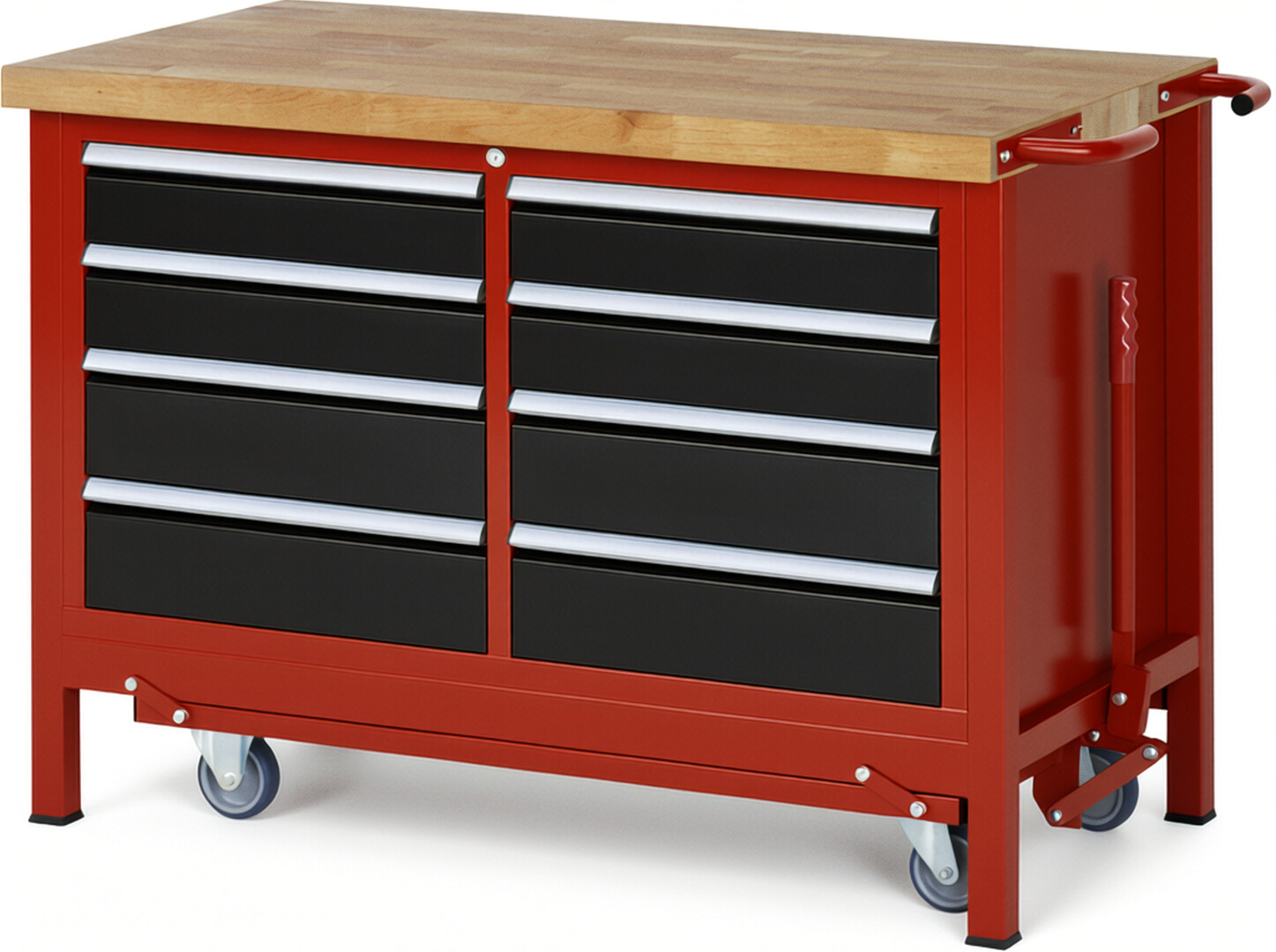Absenkbare Werkbank Modell 8477 rot - schwarz, BxTxH 1250x700x880 mm,  Buche-Massiv Arbeitsplatte 40 mm,  8 Schubladen mit  Auszug 90 %