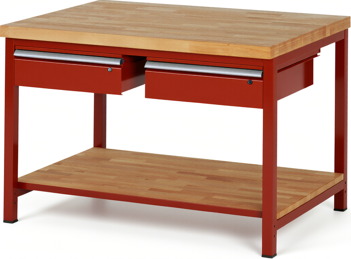 RAU Werkbank rot - Breite 125 cm - Tiefe 90 cm - Höhe 104 cm - Buche-Massiv Arbeitsplatte 40 mm