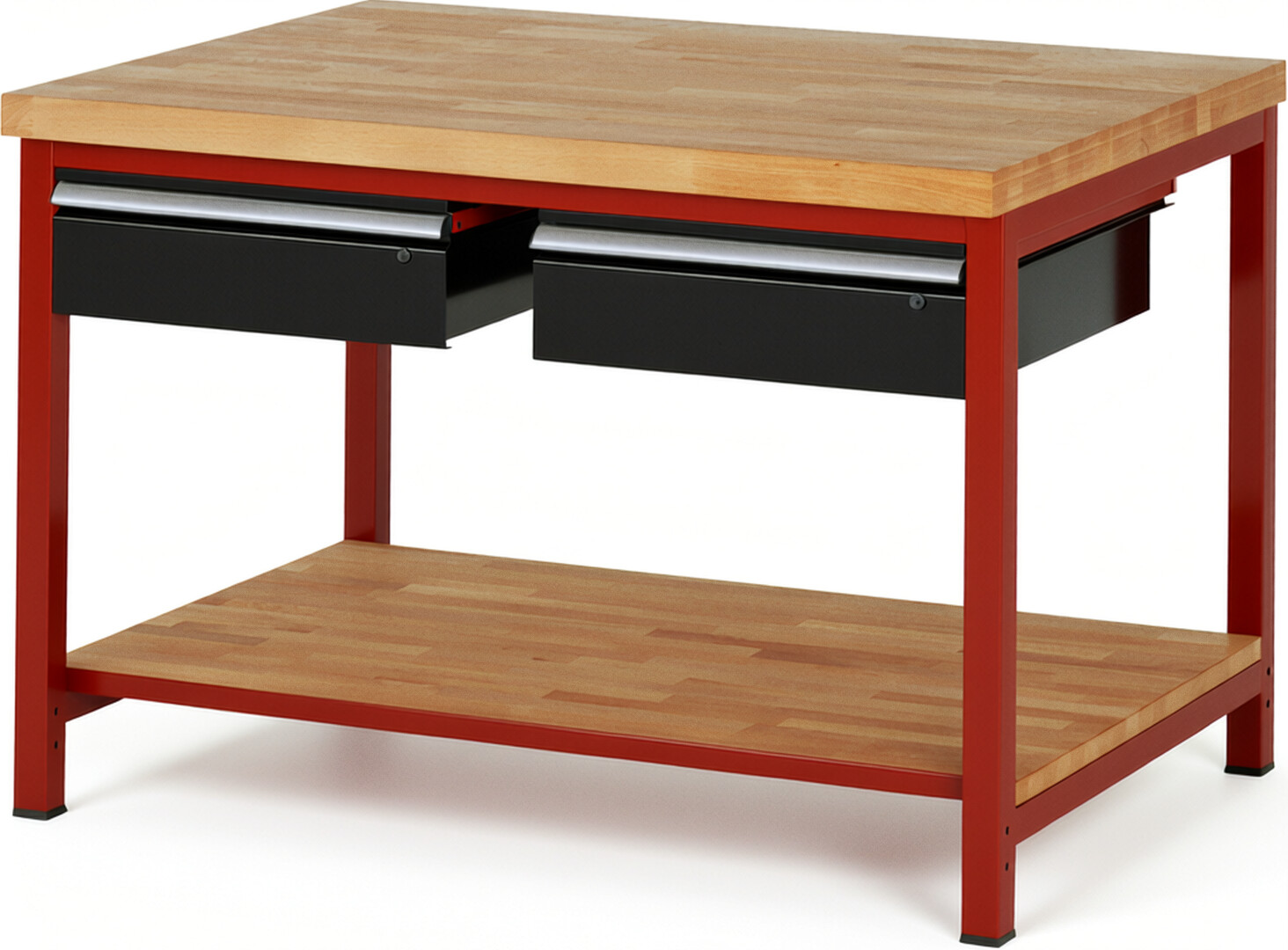 RAU Werkbank rot - schwarz - Breite 125 cm - Tiefe 90 cm - Höhe 104 cm - Buche-Massiv Arbeitsplatte 40 mm