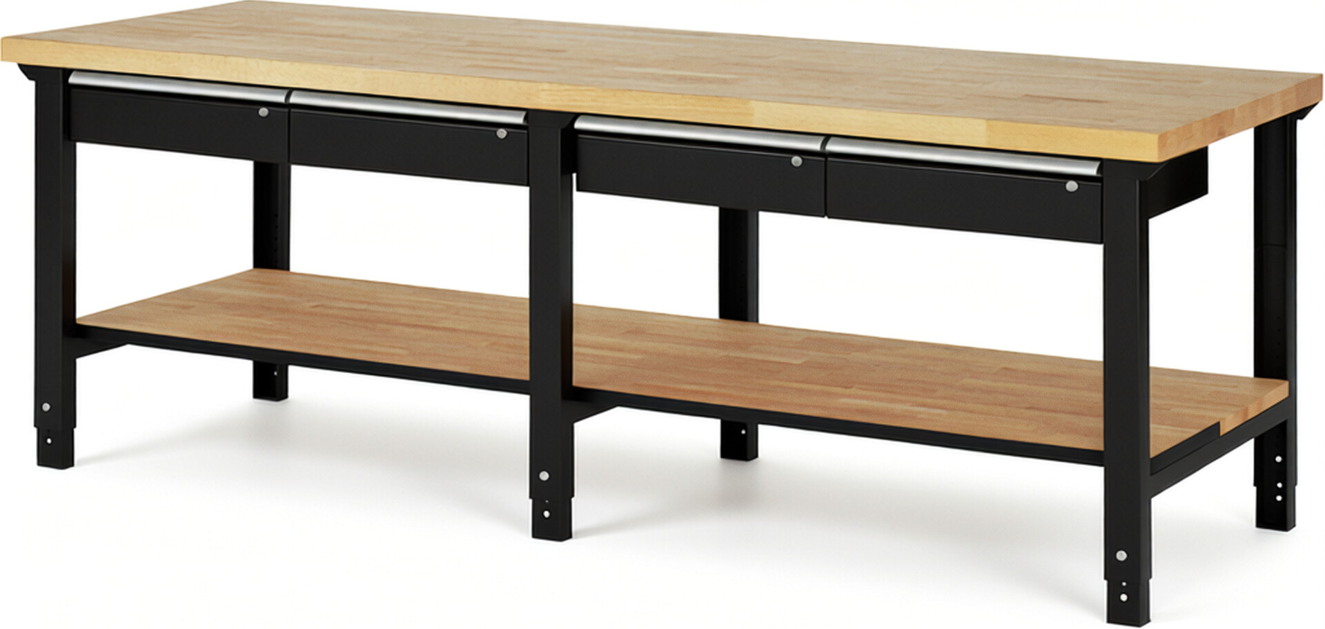 Werkbank Modell 7002 schwarz, BxTxH 2500x900x790-1140 mm,  Buche-Massiv Arbeitsplatte 40 mm,  4 Schubladen mit  Auszug 90 %