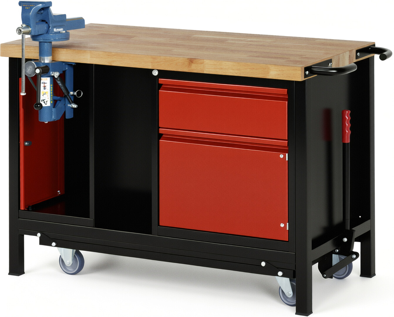 RAU Werkbank schwarz - rot - Breite 125 cm - Tiefe 70 cm - Höhe 88 cm - Buche-Massiv Arbeitsplatte 40 mm