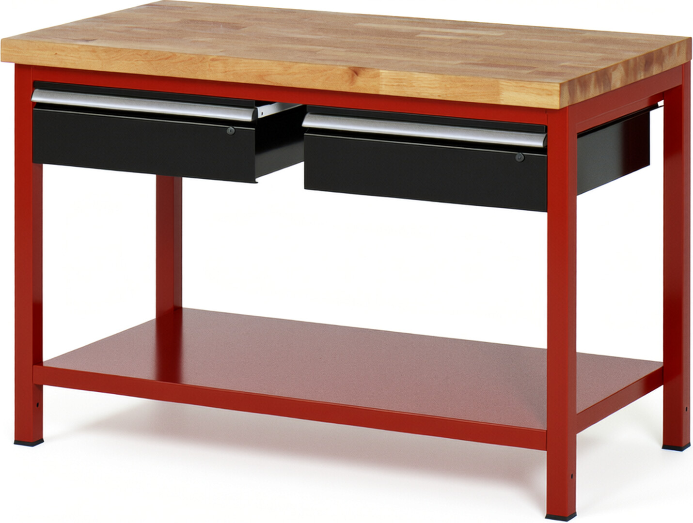 Werkbank Modell 8002 rot - schwarz, BxTxH 1250x700x840-1040 mm,  Buche-Massiv Arbeitsplatte 40 mm,  2 Schubladen mit  Auszug 90 %