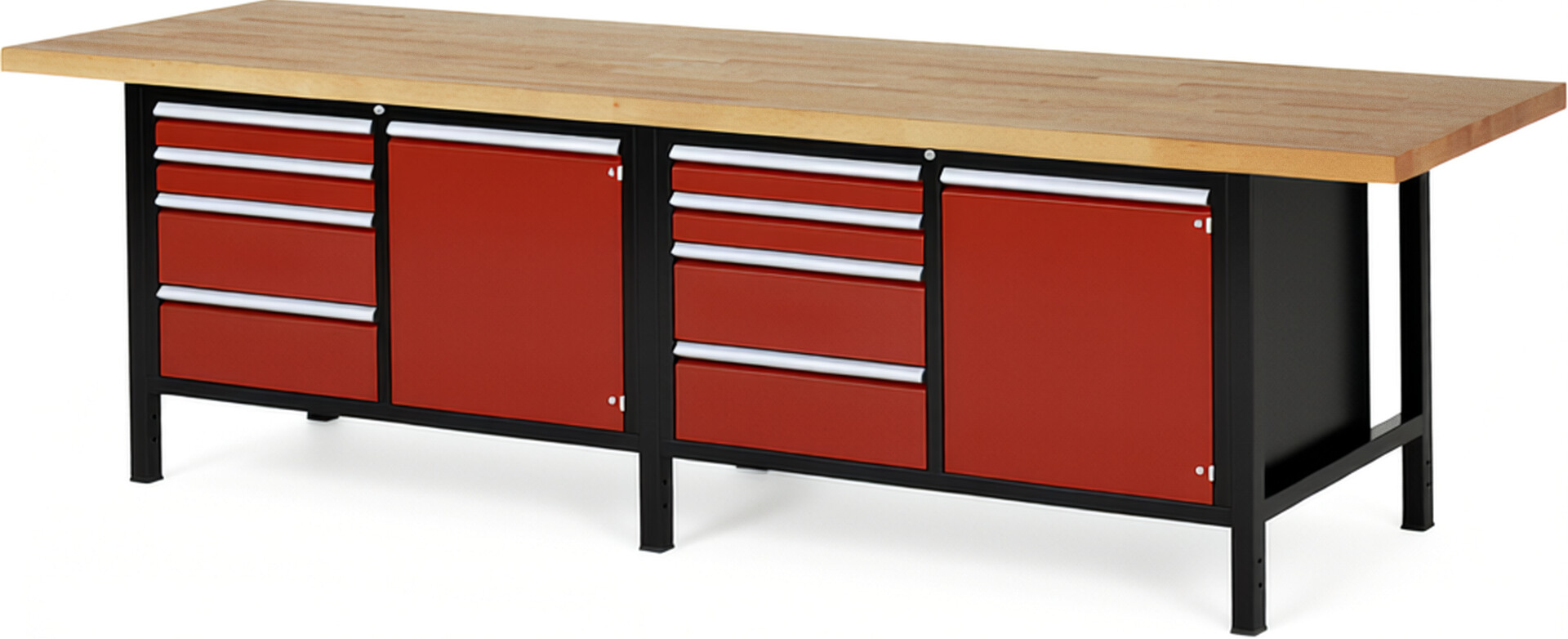 RAU Werkbank schwarz - rot - Breite 300 cm - Tiefe 90 cm - Höhe 104 cm - Buche-Massiv Arbeitsplatte 40 mm