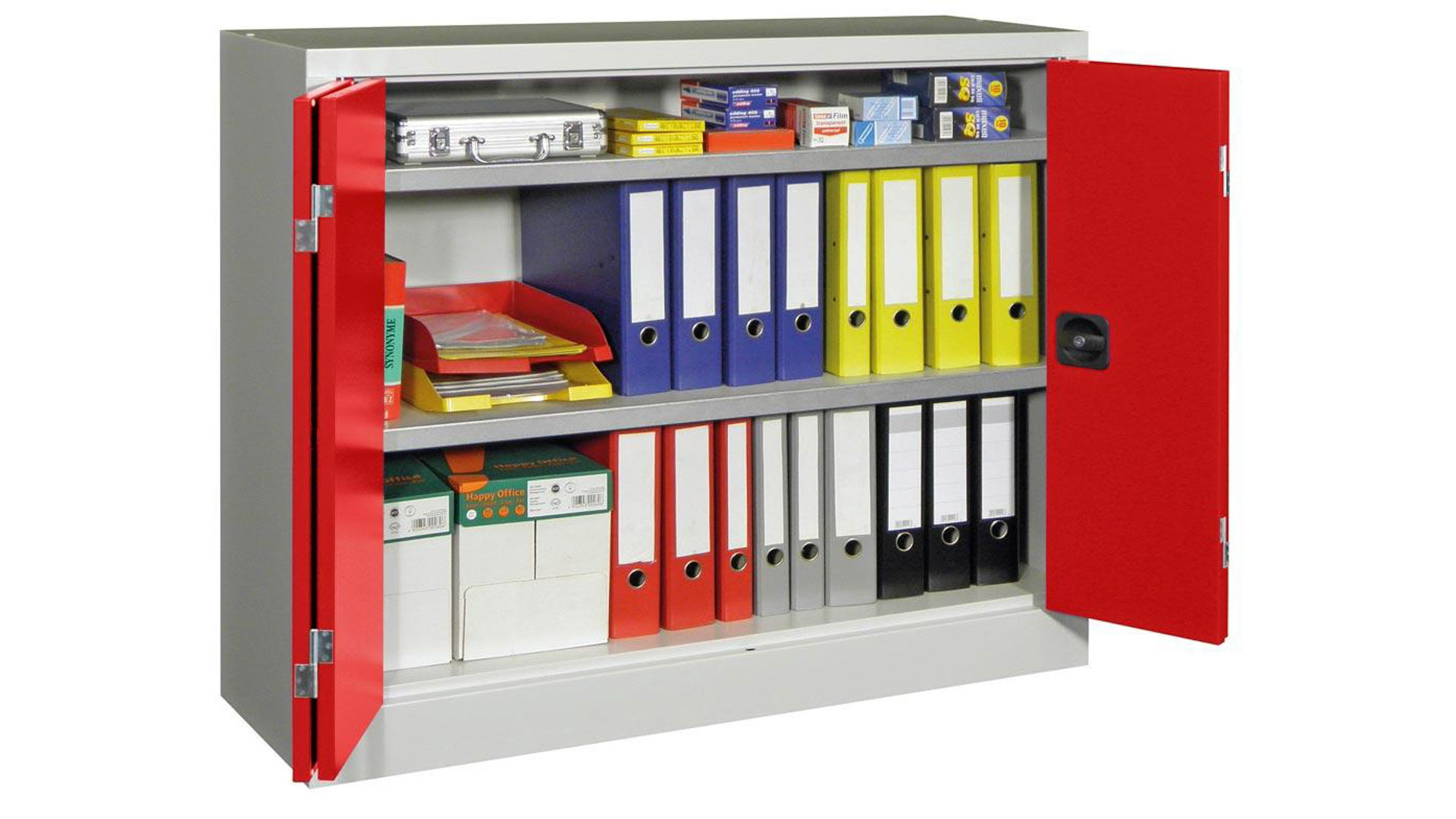 Aktenschrank, Falttürenschrank - 1000x1200x400 mm - 2 verzinkte Böden - lichtgrau/feuerrot