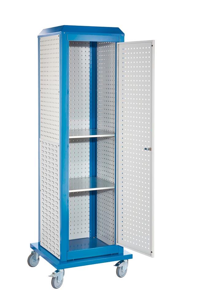 Lochplatten, Tool-Tower groß, BxTxH 700x700x2015 mm, mobil, 1 Tür, 4 Platten, 2 Böden, RAL 5010/7035