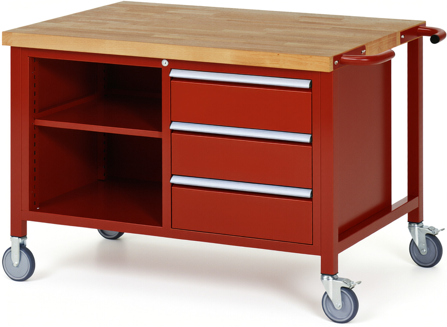 Fahrbare Werkbank Modell 8462 rot, BxTxH 1250x900x880-1080 mm,  Buche-Massiv Arbeitsplatte 40 mm,  3 Schubladen mit  Auszug 90 %