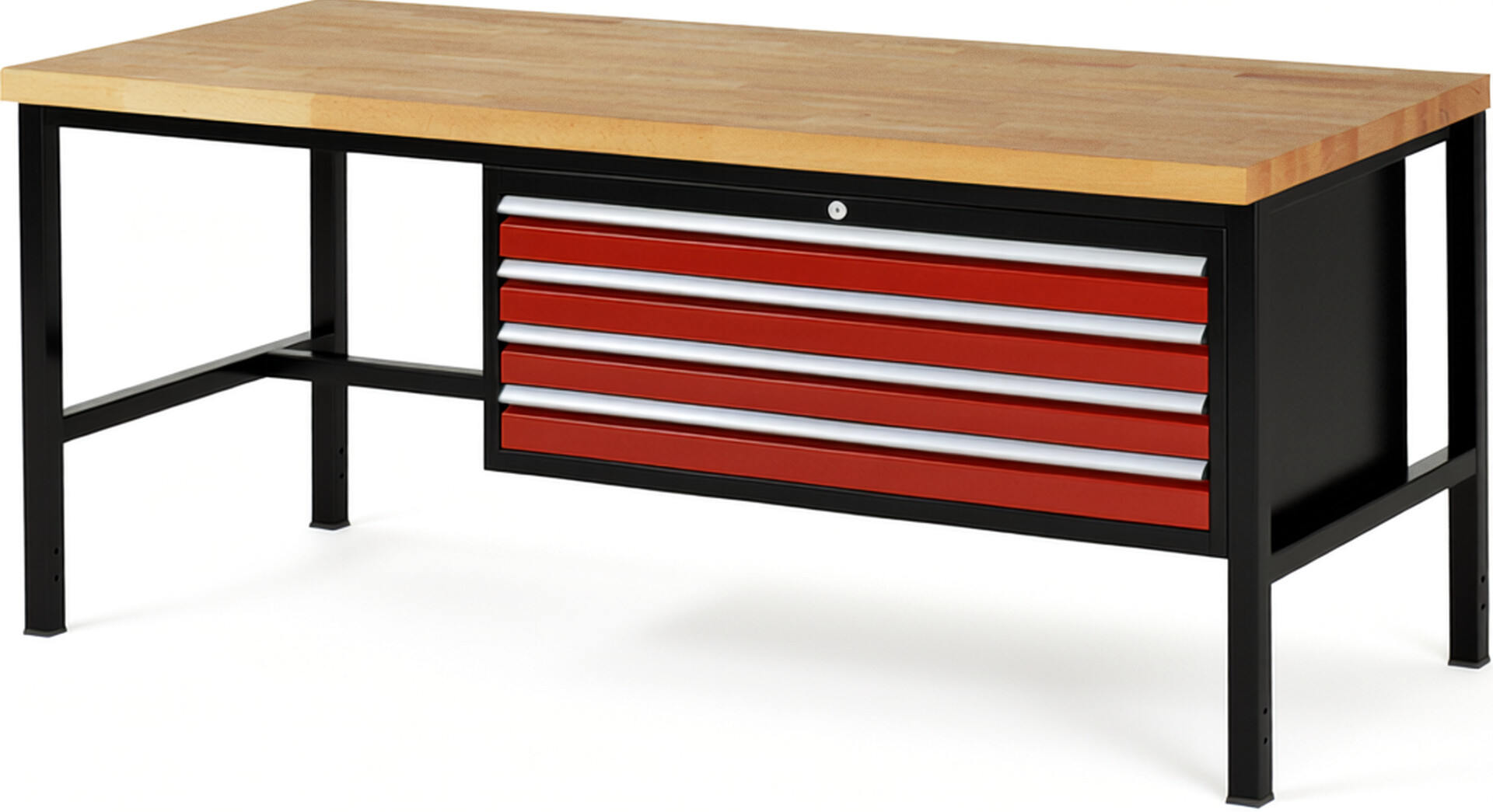 RAU Werkbank schwarz - rot - Breite 200 cm - Tiefe 90 cm - Höhe 104 cm - Buche-Massiv Arbeitsplatte 40 mm