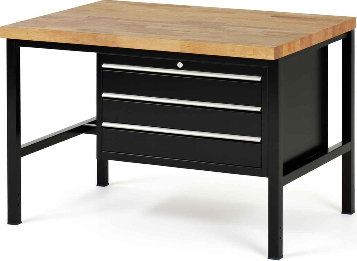 Werkbank Modell 8227 schwarz, BxTxH 1250x900x840 mm,  Buche-Massiv Arbeitsplatte 40 mm,  3 Schubladen mit  Auszug 90 %