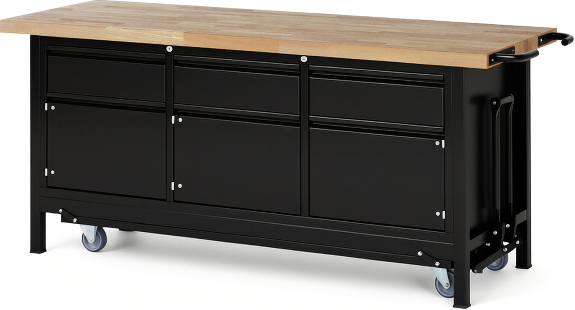 Absenkbare Werkbank - Modell 8567 BASIC schwarz, BxTxH 2000x700x880 mm,  Buche-Massiv Arbeitsplatte 40 mm,  3 Schubladen mit  Auszug 90 %