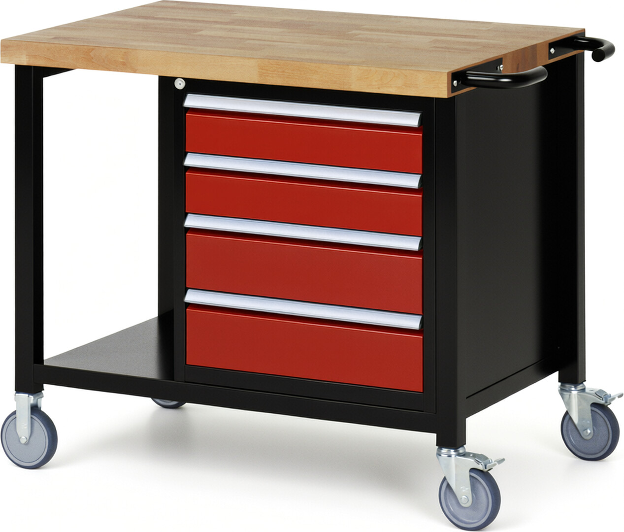 RAU Werkbank schwarz - rot - Breite 100 cm - Tiefe 70 cm - Höhe 108 cm - Buche-Massiv Arbeitsplatte 40 mm