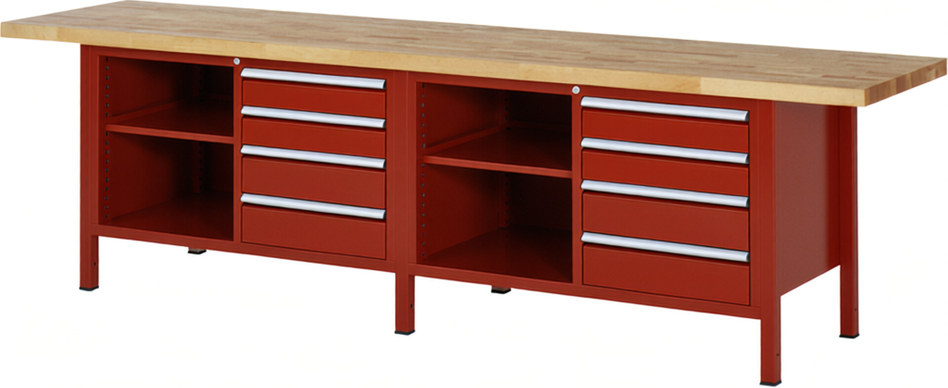 Werkbank Modell 8463 rot, BxTxH 3000x700x840-1040 mm,  Buche-Massiv Arbeitsplatte 40 mm,  8 Schubladen mit  Auszug 90 %