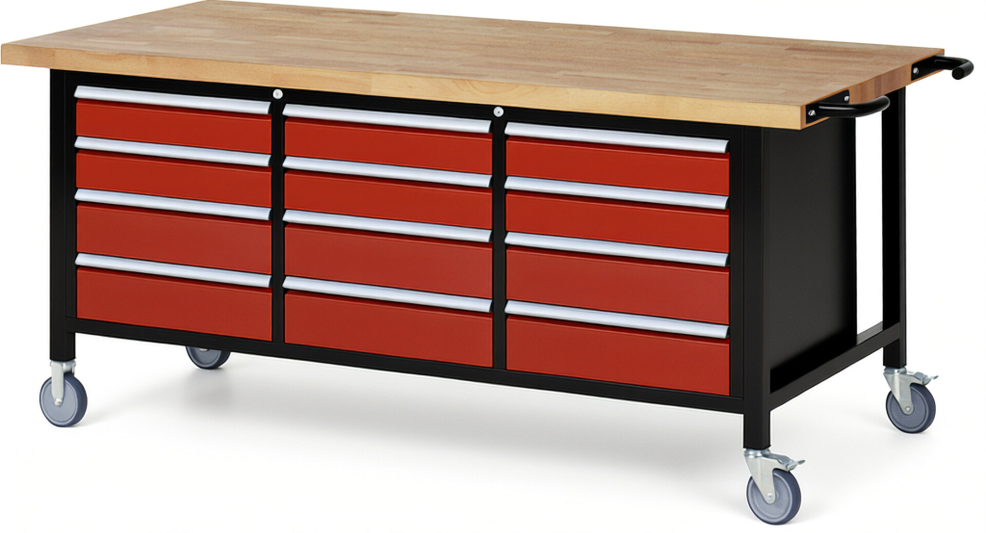 Fahrbare Werkbank Modell 8579 schwarz-rot, BxTxH 2000x900x880-1080 mm,  Buche-Massiv Arbeitsplatte 40 mm,  12 Schubladen mit  Vollauszug 100 % und  SoftClosing