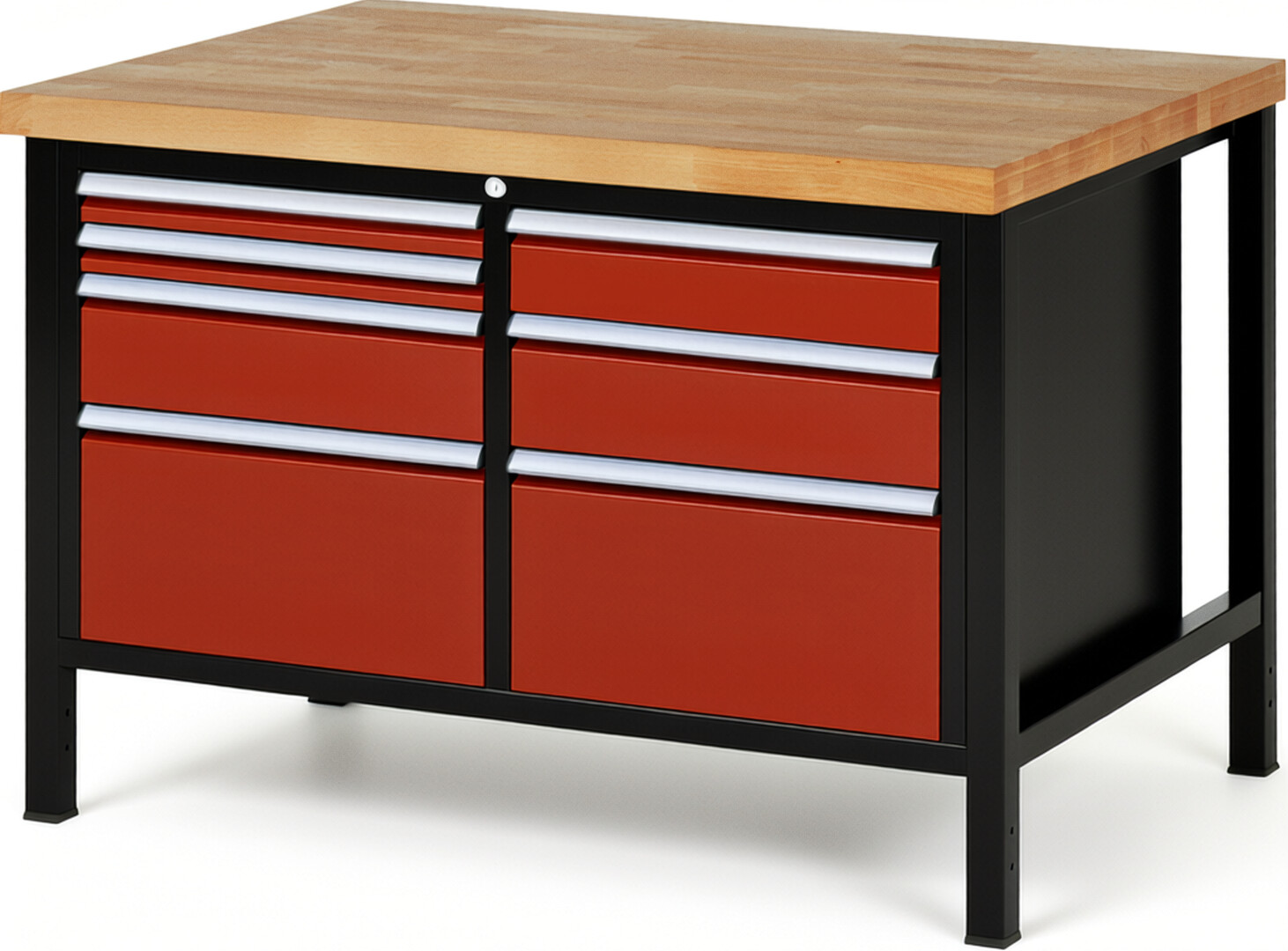 RAU Werkbank schwarz - rot - Breite 125 cm - Tiefe 90 cm - Höhe 104 cm - Buche-Massiv Arbeitsplatte 40 mm