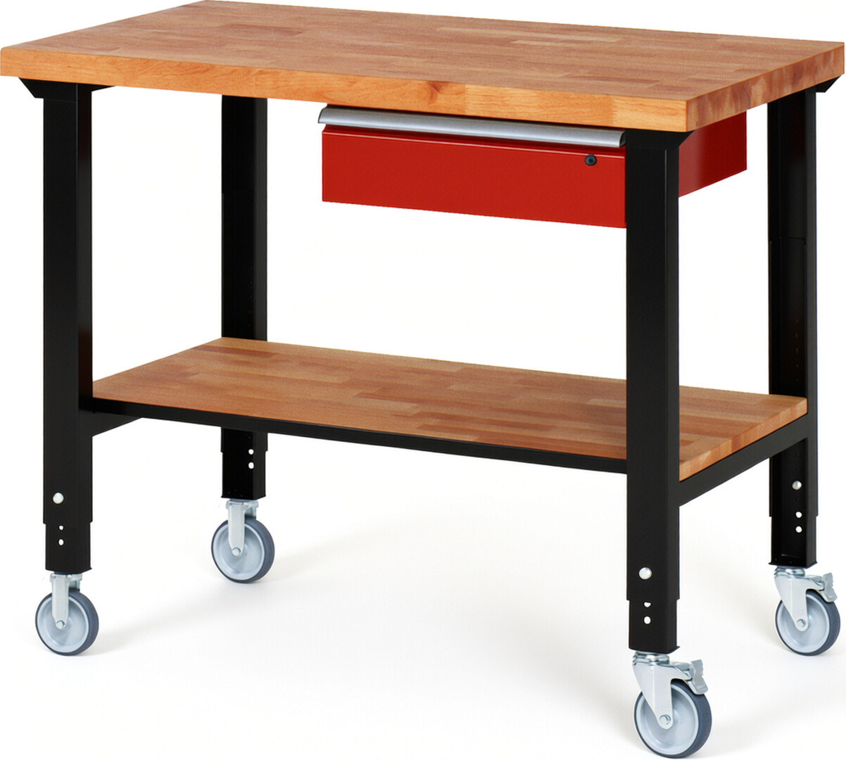 Fahrbare Werkbank Modell 7001 schwarz-rot, BxTxH 1250x700x950-1000 mm,  Buche-Massiv Arbeitsplatte 40 mm,  1 Schublade mit  Auszug 90 %