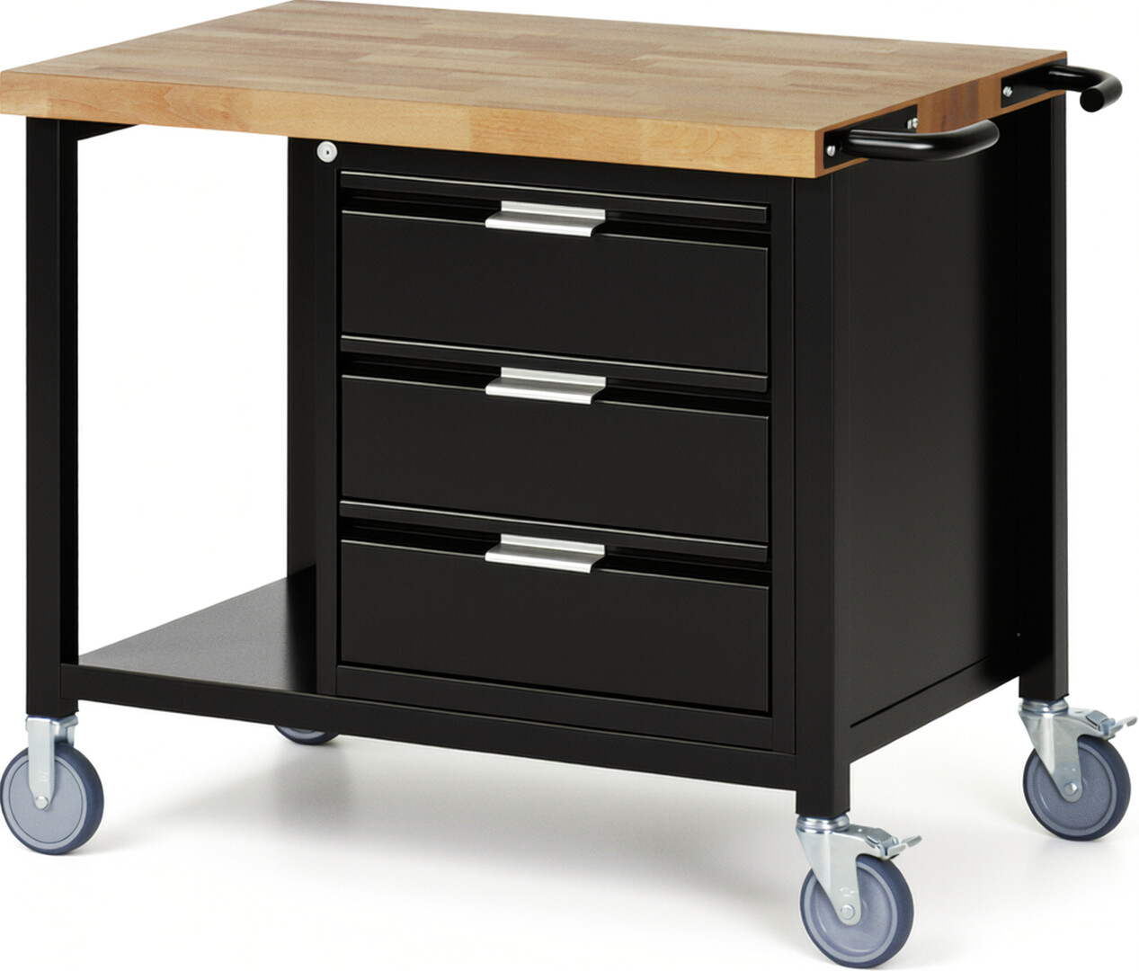 Fahrbare Werkbank - Modell 8157 BASIC schwarz, BxTxH 1000x700x880 mm,  Buche-Massiv Arbeitsplatte 40 mm,  3 Schubladen mit  Auszug 90 %
