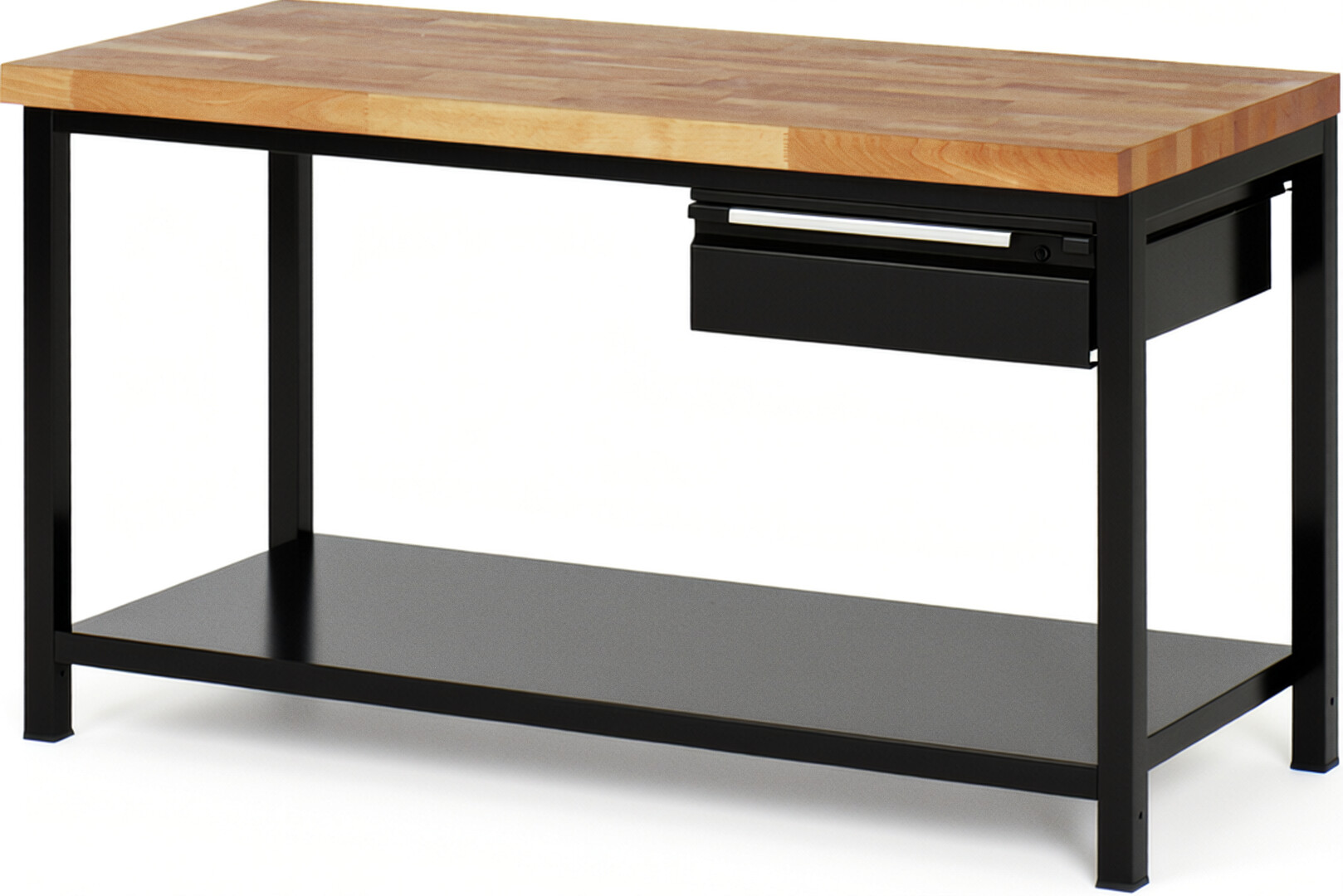 Werkbank schwarz, BxTxH 1500x700x840-1040 mm, Platte Buche 40 mm, inkl. Stahlblech-Ablageboden, 1x 150 mm Hängeschublade, RAL 9011/9011