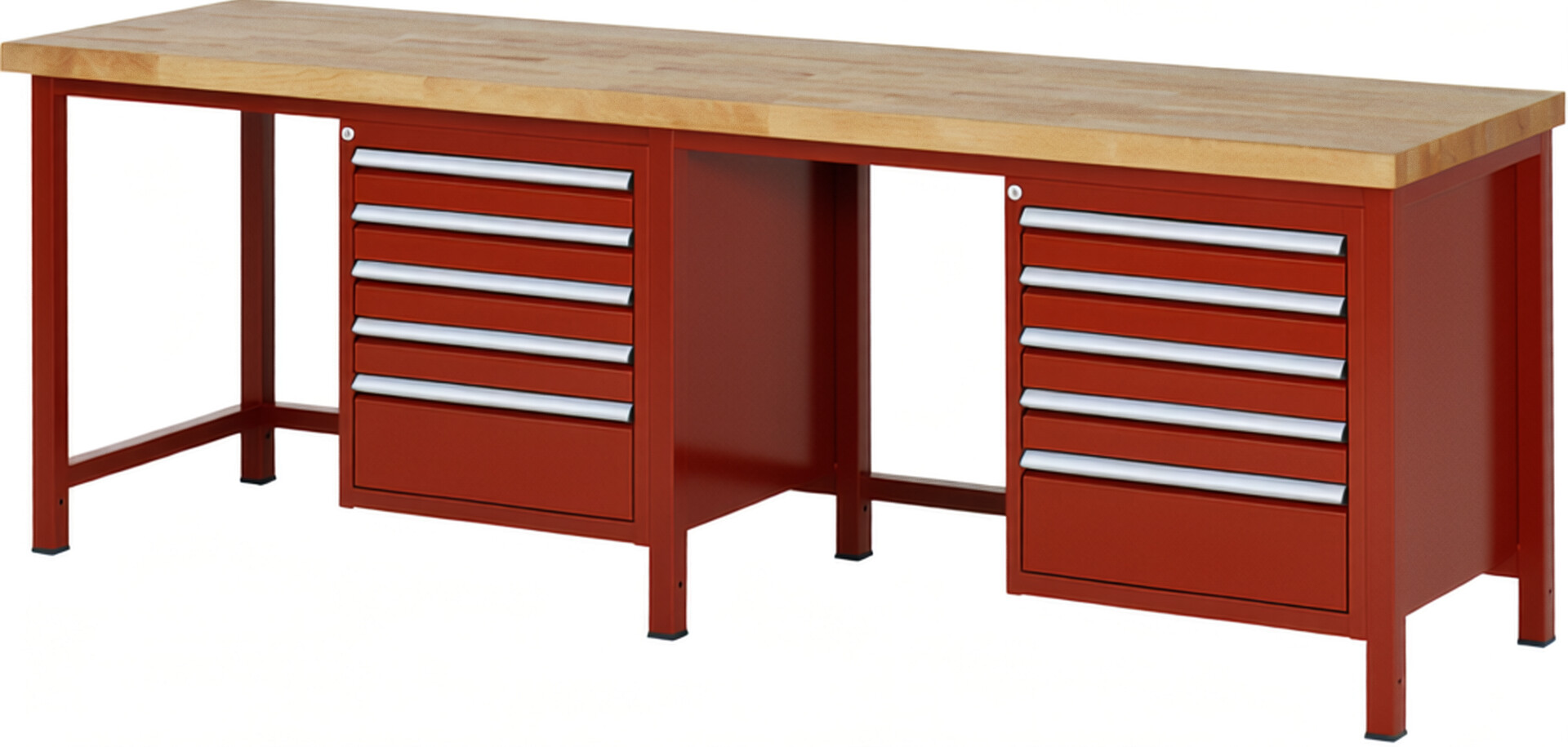 Werkbank Modell 8168 rot, BxTxH 2500x700x840-1040 mm,  Buche-Massiv Arbeitsplatte 40 mm,  10 Schubladen mit  Vollauszug 100 % und  SoftClosing
