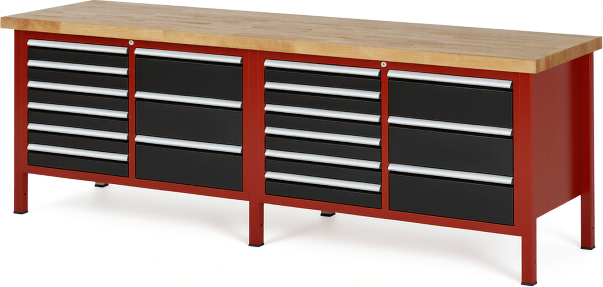 Werkbank Modell 8479 rot - schwarz, BxTxH 2500x700x840 mm,  Buche-Massiv Arbeitsplatte 40 mm,  18 Schubladen mit  Vollauszug 100 % und  SoftClosing