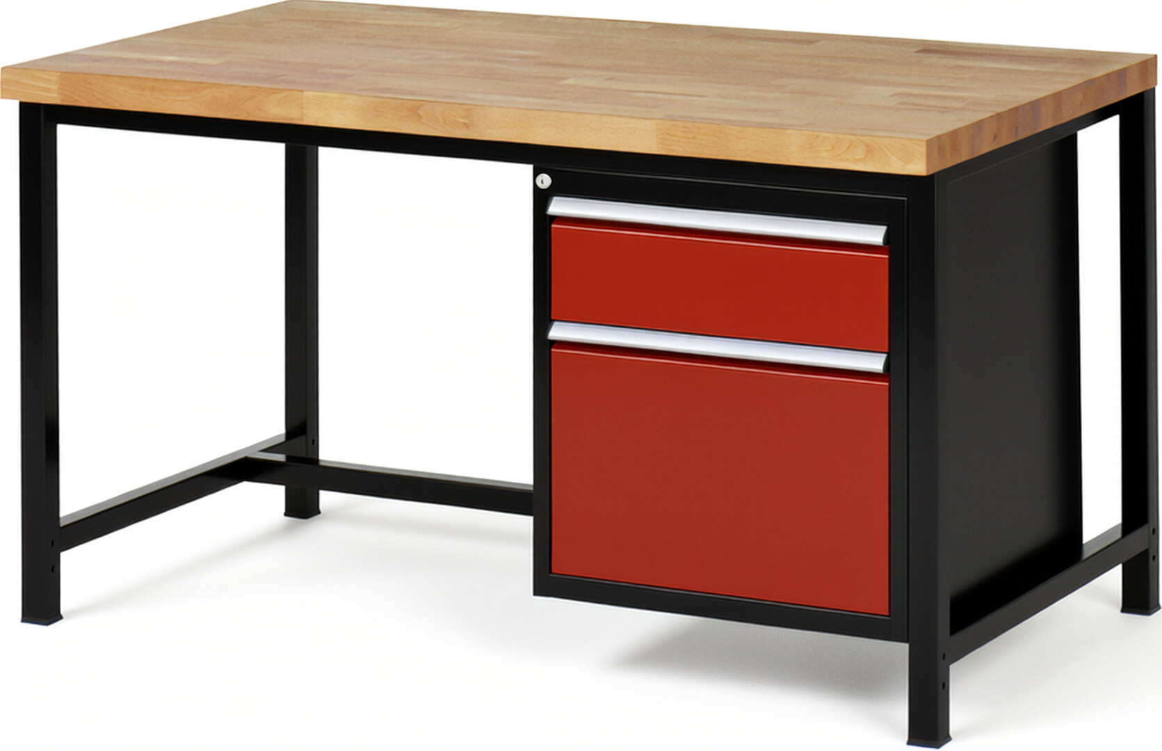 RAU Werkbank schwarz - rot - Breite 150 cm - Tiefe 90 cm - Höhe 104 cm - Buche-Massiv Arbeitsplatte 40 mm