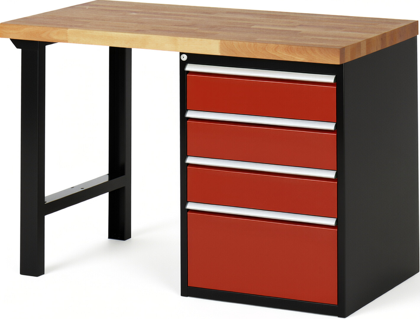 RAU Werkbank schwarz - rot - Breite 125 cm - Tiefe 70 cm - Höhe 89 cm - Buche-Massiv Arbeitsplatte 40 mm