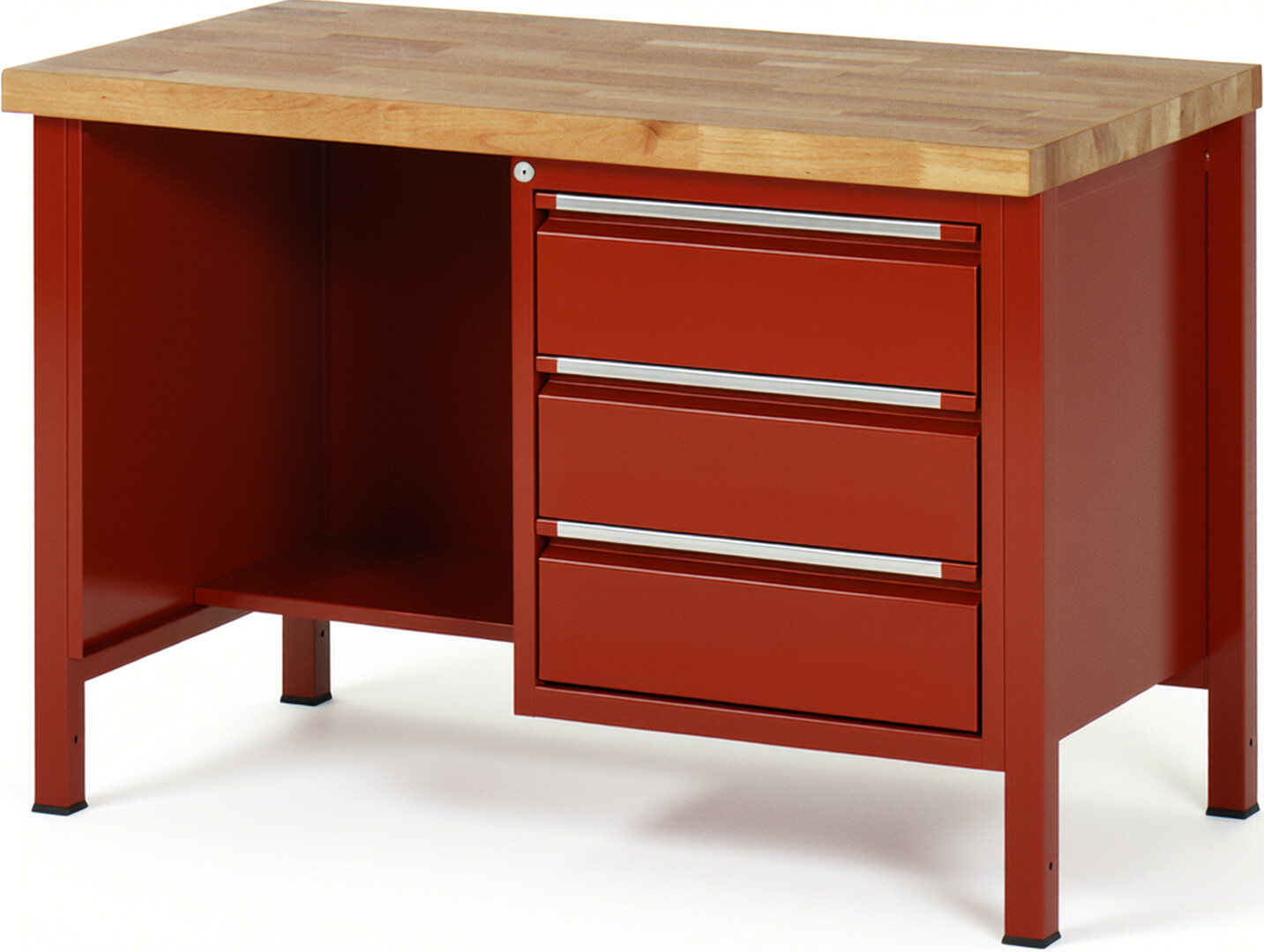 Werkbank rot, BxTxH 1250x700x840-1040 mm, Platte Buche 40 mm, 3 Schubladen 180 mm, 1 Fachboden, RAL 3000/3000
