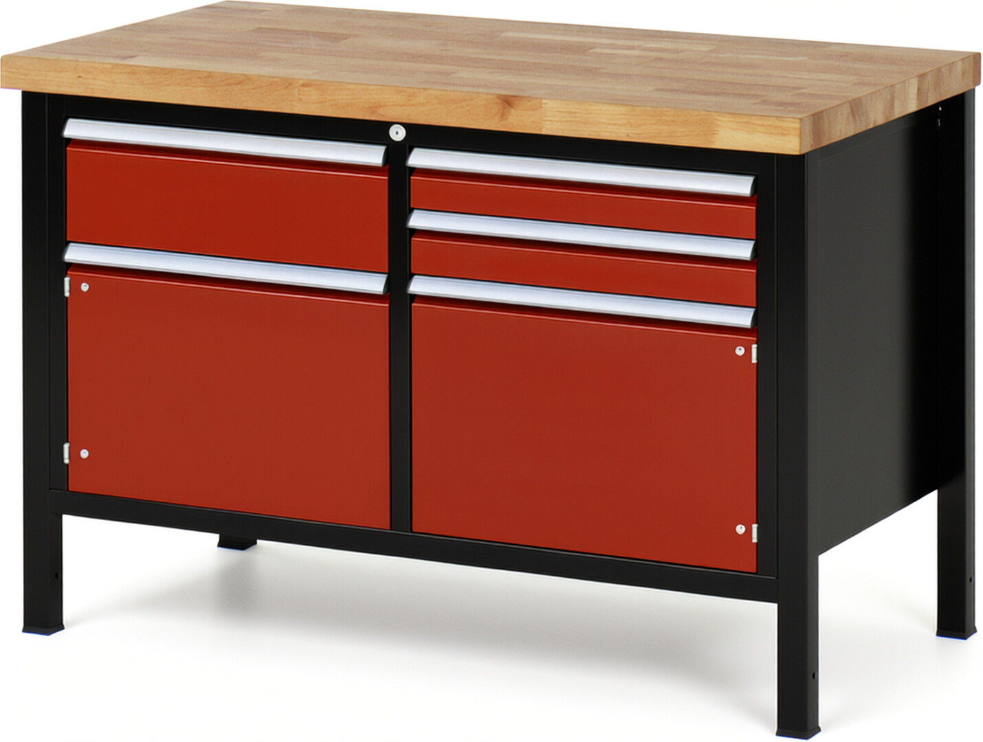 RAU Werkbank schwarz - rot - Breite 125 cm - Tiefe 70 cm - Höhe 104 cm - Buche-Massiv Arbeitsplatte 40 mm