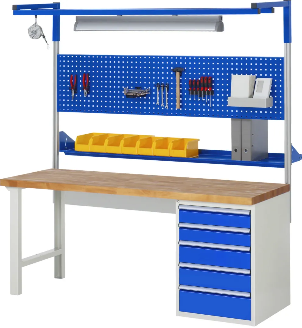 Werkbank Modell 7519 schwarz-rot, BxTxH 2000x900x890 mm,  Buche-Massiv Arbeitsplatte 40 mm,  8 Schubladen mit  Vollauszug 100 % und  SoftClosing