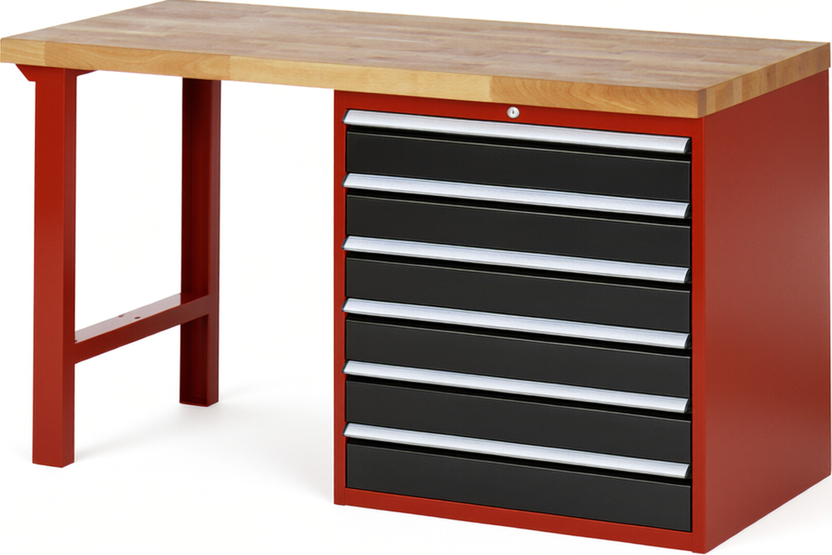 Werkbank Modell 7616 rot - schwarz, BxTxH 1500x700x890 mm,  Buche-Massiv Arbeitsplatte 40 mm,  6 Schubladen mit  Auszug 90 %