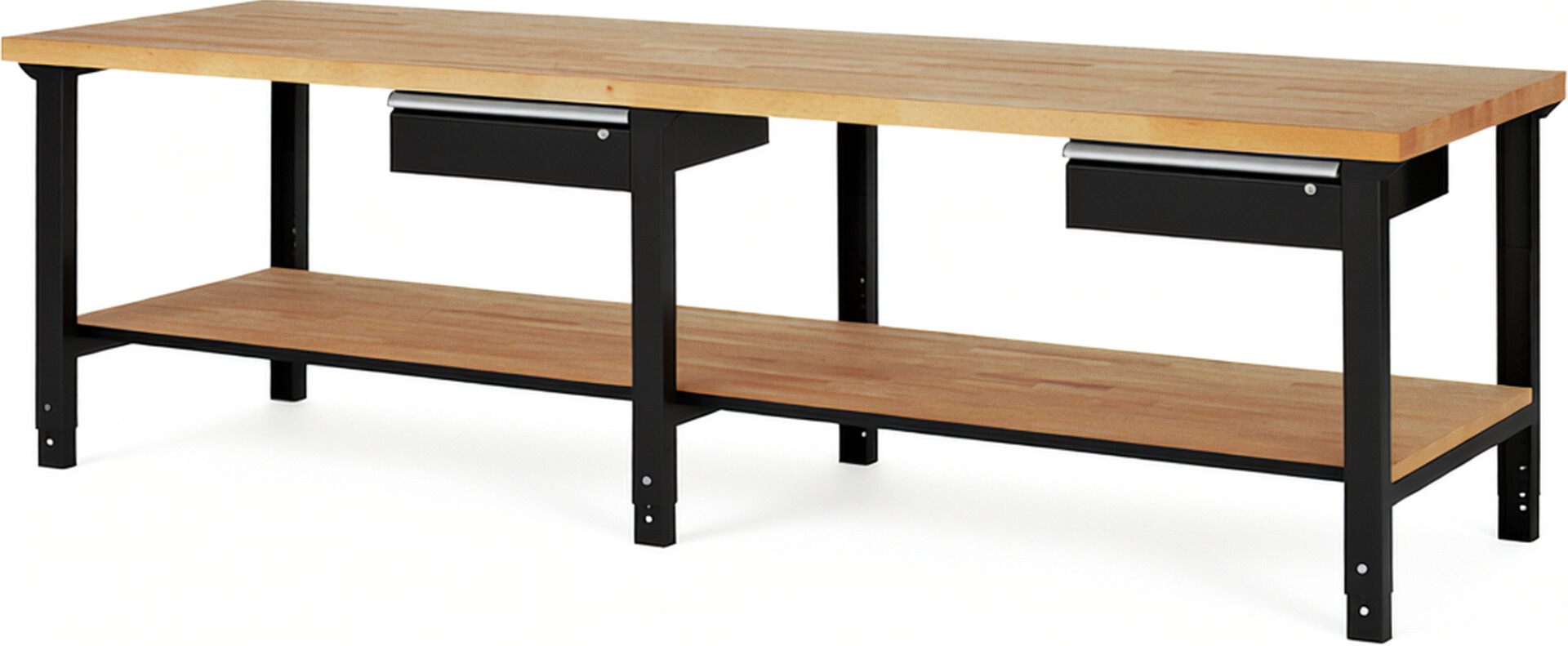 Werkbank Modell 7001 schwarz, BxTxH 3000x900x790-1140 mm,  Buche-Massiv Arbeitsplatte 40 mm,  2 Schubladen mit  Auszug 90 %