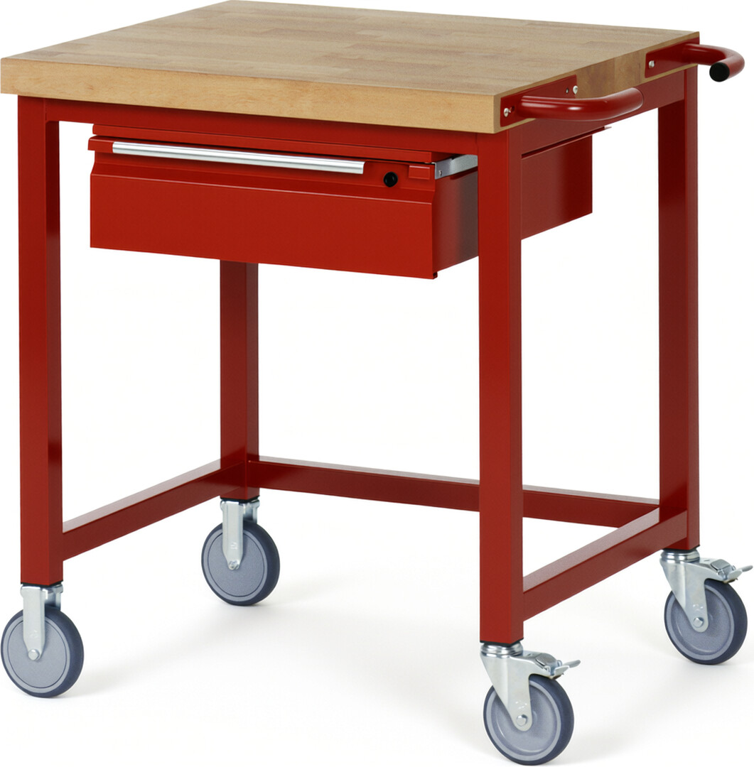 Fahrbare Werkbank - Modell 8001 BASIC rot, BxTxH 750x700x880 mm,  Buche-Massiv Arbeitsplatte 40 mm,  1 Schublade mit  Auszug 90 %