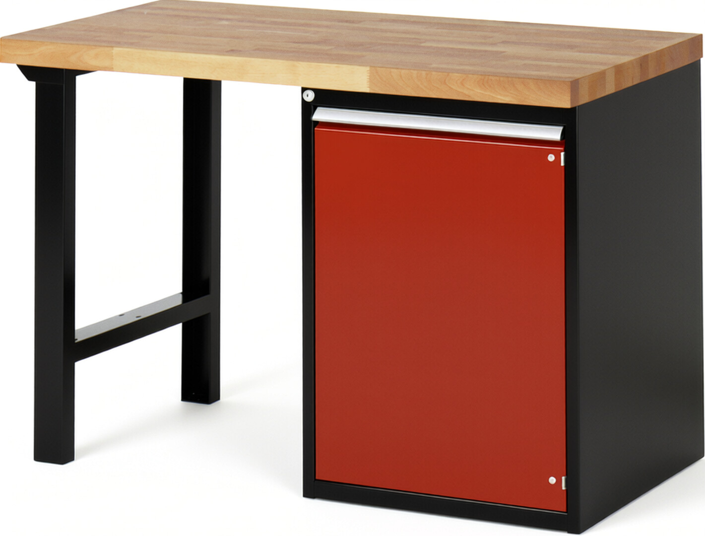 RAU Werkbank schwarz - rot - Breite 125 cm - Tiefe 70 cm - Höhe 89 cm - Buche-Massiv Arbeitsplatte 40 mm