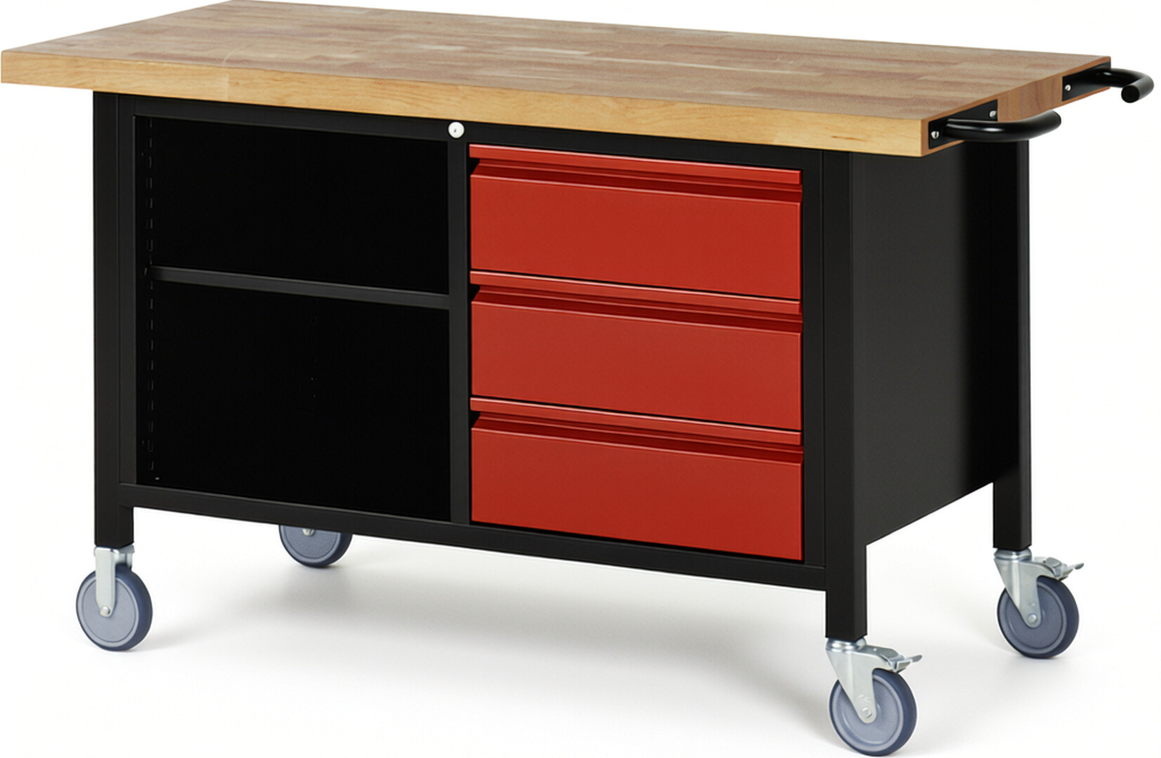 RAU Werkbank schwarz - rot - Breite 150 cm - Tiefe 70 cm - Höhe 88 cm - Buche-Massiv Arbeitsplatte 40 mm