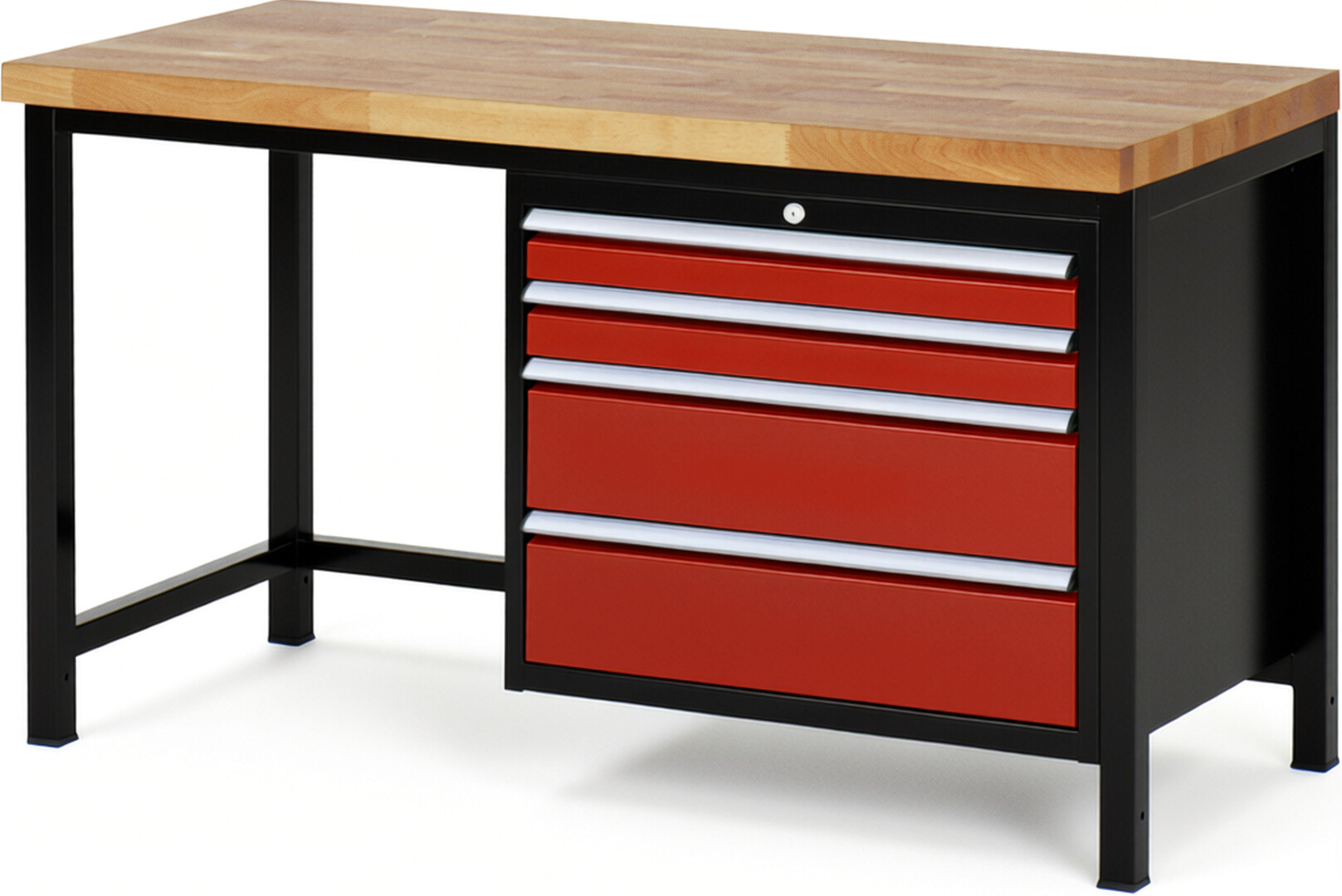 Werkbank Modell 8261 schwarz-rot, BxTxH 1500x700x840 mm,  Buche-Massiv Arbeitsplatte 40 mm,  4 Schubladen mit  Vollauszug 100 % und  SoftClosing
