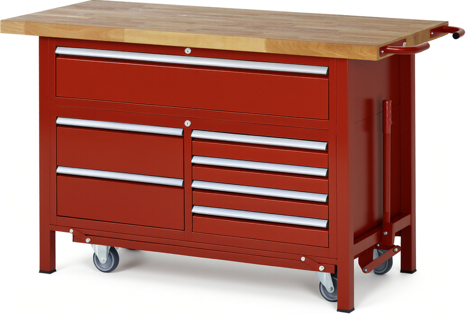 Absenkbare Werkbank Modell 8921 rot, BxTxH 1500x700x920 mm,  Buche-Massiv Arbeitsplatte 40 mm,  7 Schubladen mit  Vollauszug 100 % und  SoftClosing