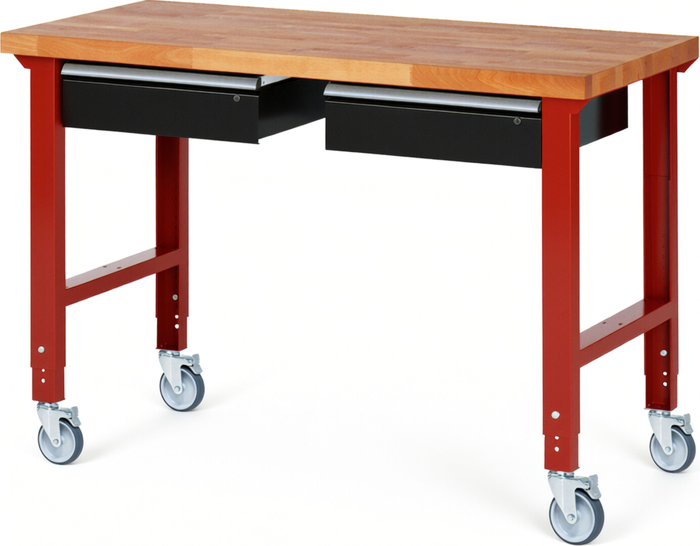 Fahrbare Werkbank Modell 7002 rot - schwarz, BxTxH 1500x700x950-1000 mm,  Buche-Massiv Arbeitsplatte 40 mm,  2 Schubladen mit  Auszug 90 %