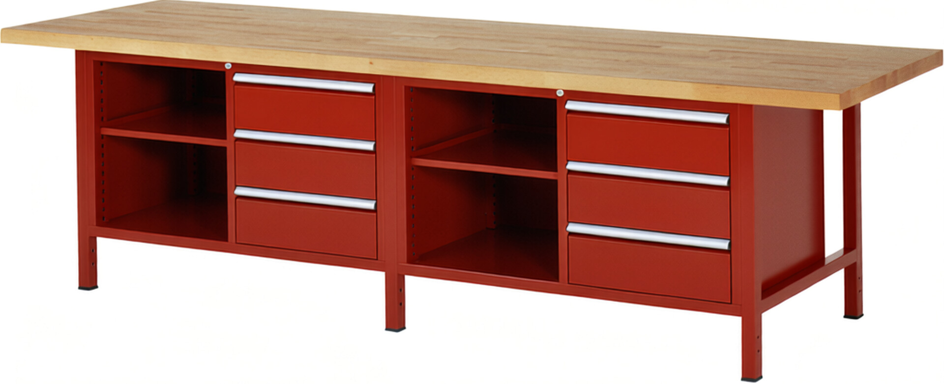 Werkbank Modell 8462 rot, BxTxH 3000x900x840-1040 mm,  Buche-Massiv Arbeitsplatte 40 mm,  6 Schubladen mit  Vollauszug 100 % und  SoftClosing