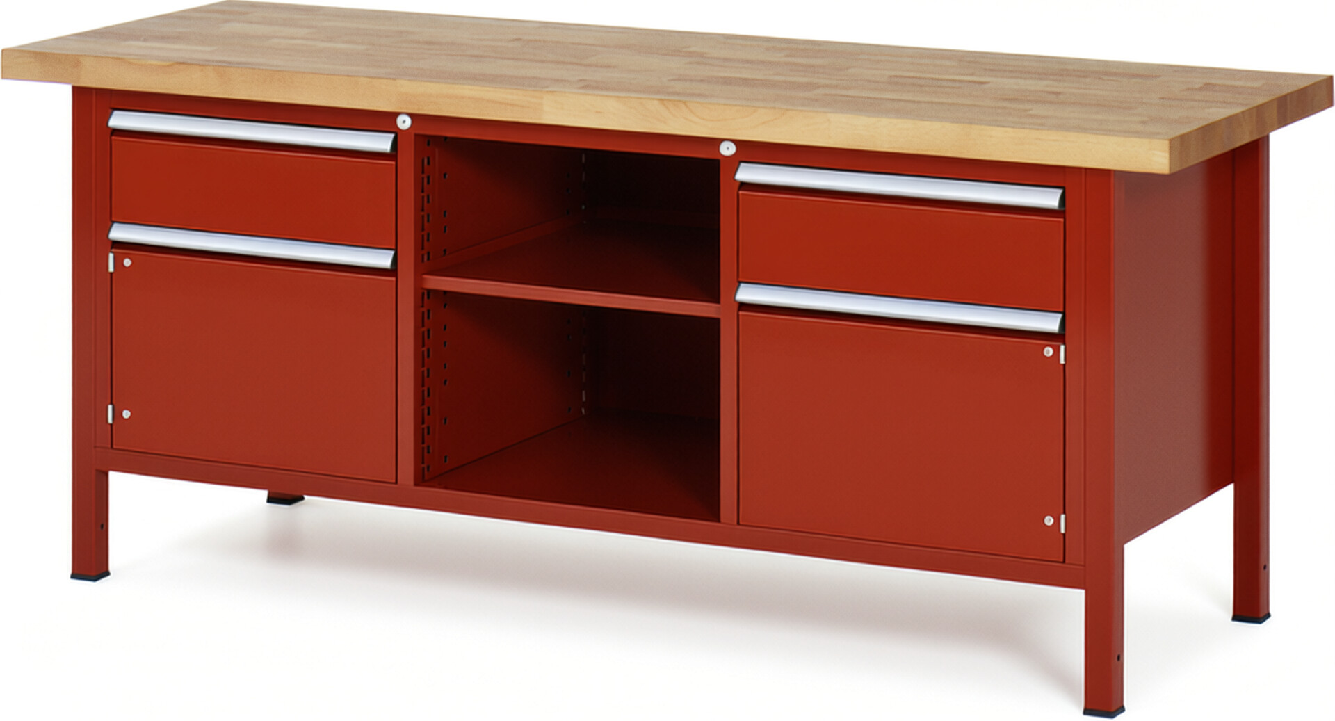 Werkbank Modell 8561 rot, BxTxH 2000x700x840-1040 mm,  Buche-Massiv Arbeitsplatte 40 mm,  2 Schubladen mit  Auszug 90 %