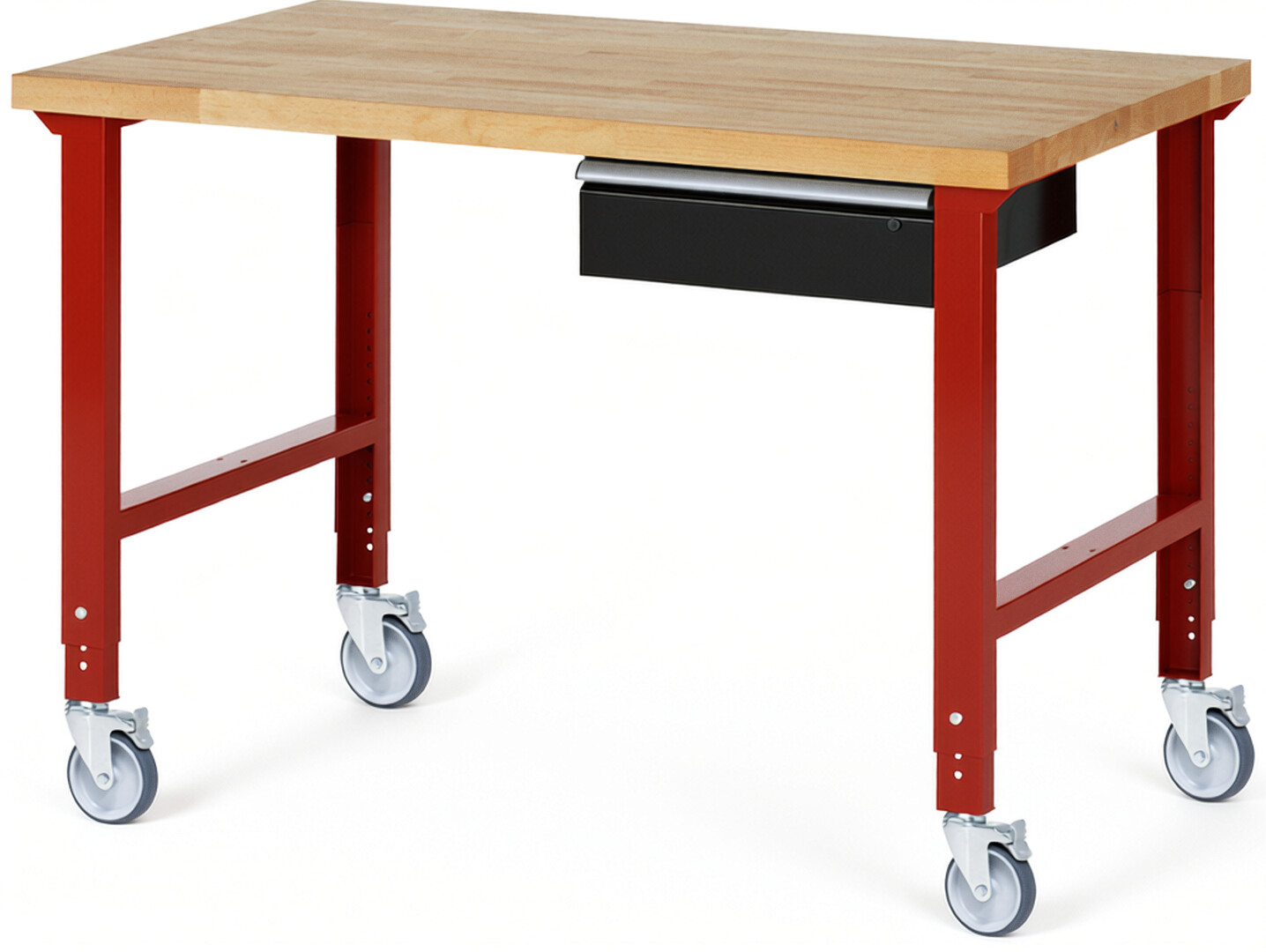 RAU Werkbank rot - schwarz - Breite 150 cm - Tiefe 90 cm - Höhe 100 cm - Buche-Massiv Arbeitsplatte 40 mm