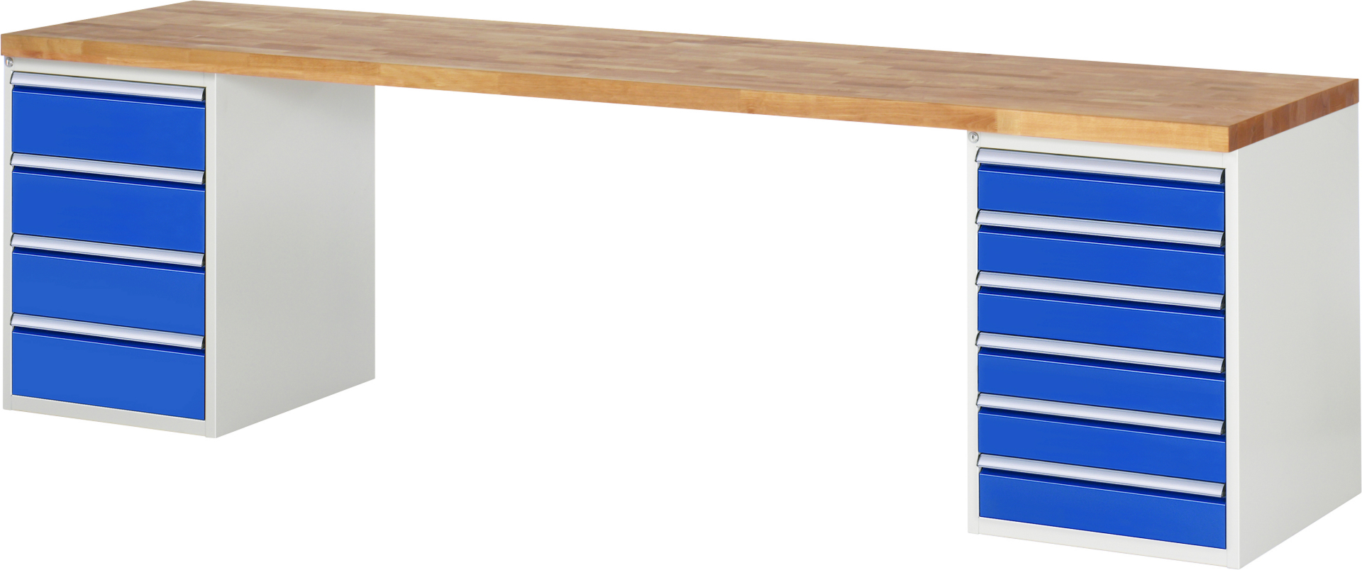 Werkbank Modell 7821 rot - schwarz, BxTxH 3000x900x890 mm,  Buche-Massiv Arbeitsplatte 40 mm,  10 Schubladen mit  Vollauszug 100 % und  SoftClosing