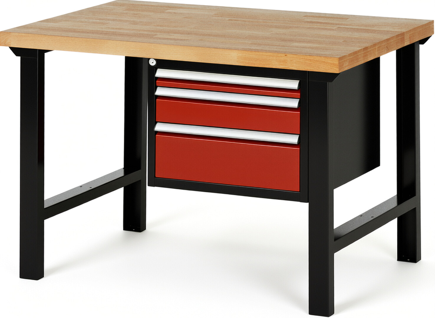 RAU Werkbank schwarz - rot - Breite 125 cm - Tiefe 90 cm - Höhe 84 cm - Buche-Massiv Arbeitsplatte 40 mm