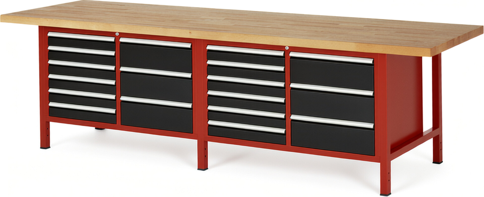 Werkbank Modell 8479 rot - schwarz, BxTxH 3000x900x840 mm,  Buche-Massiv Arbeitsplatte 40 mm,  18 Schubladen mit  Vollauszug 100 % und  SoftClosing