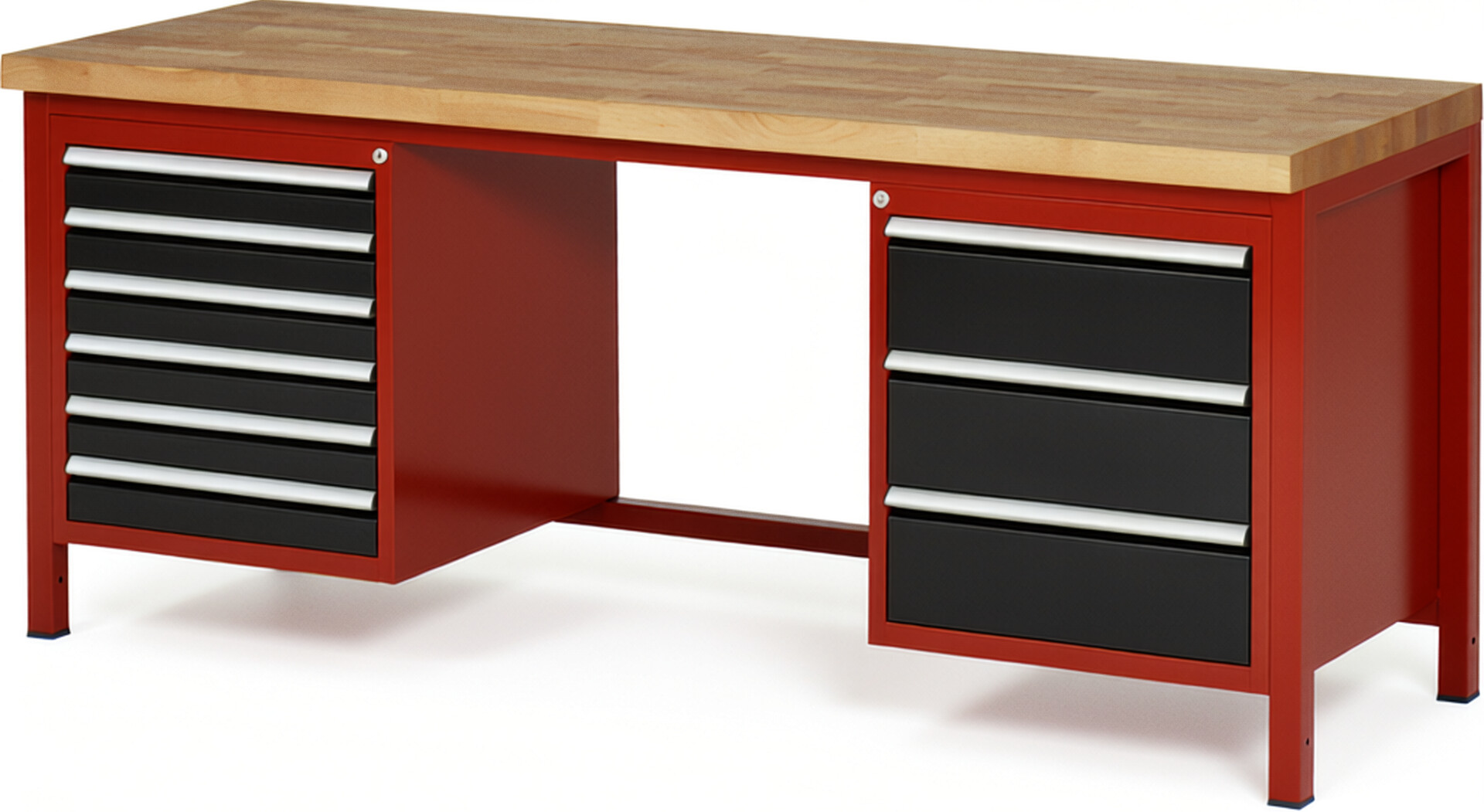 Werkbank Modell 8183 rot - schwarz, BxTxH 2000x700x840-1040 mm,  Buche-Massiv Arbeitsplatte 40 mm,  9 Schubladen mit  Auszug 90 %