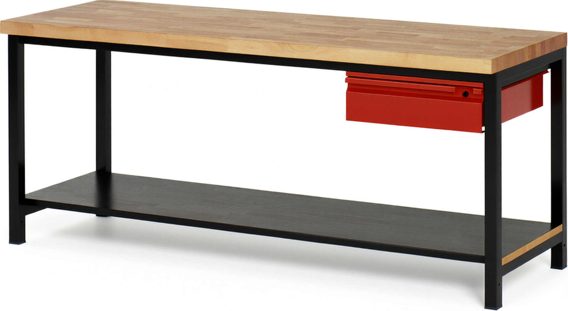 RAU Werkbank schwarz - rot - Breite 200 cm - Tiefe 70 cm - Höhe 104 cm - Buche-Massiv Arbeitsplatte 40 mm
