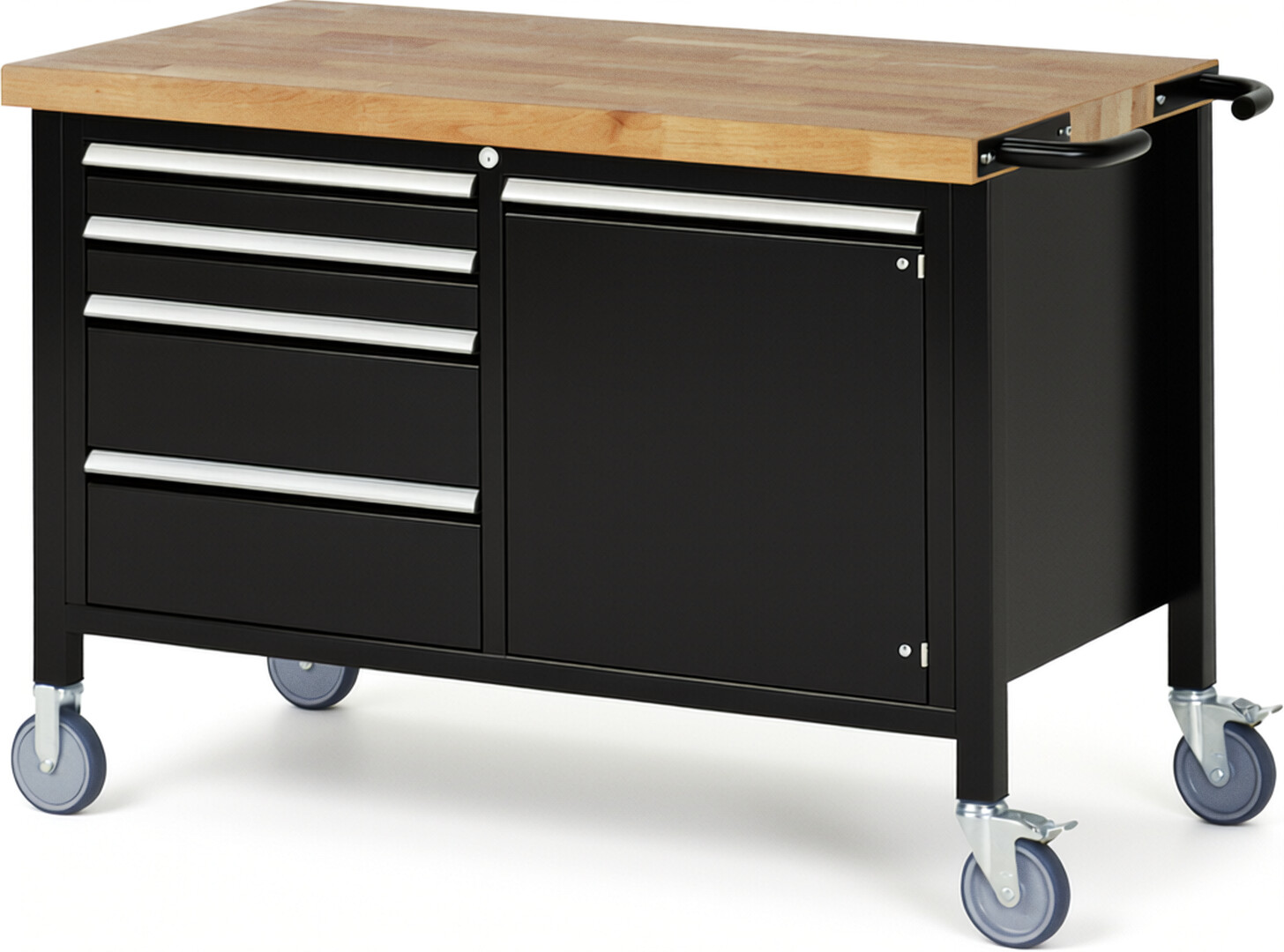 RAU Werkbank schwarz - Breite 125 cm - Tiefe 70 cm - Höhe 108 cm - Buche-Massiv Arbeitsplatte 40 mm