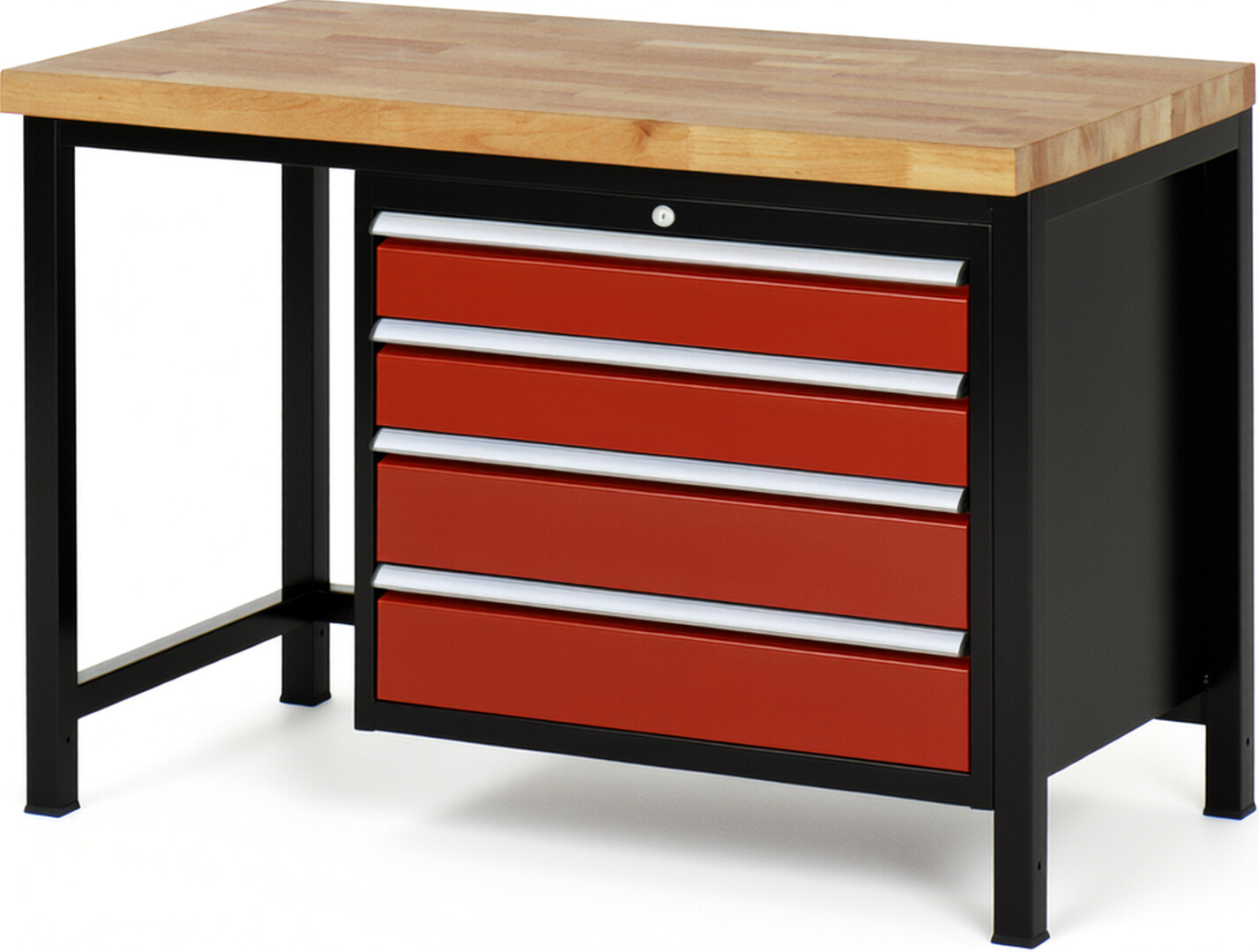 RAU Werkbank schwarz - rot - Breite 125 cm - Tiefe 70 cm - Höhe 104 cm - Buche-Massiv Arbeitsplatte 40 mm