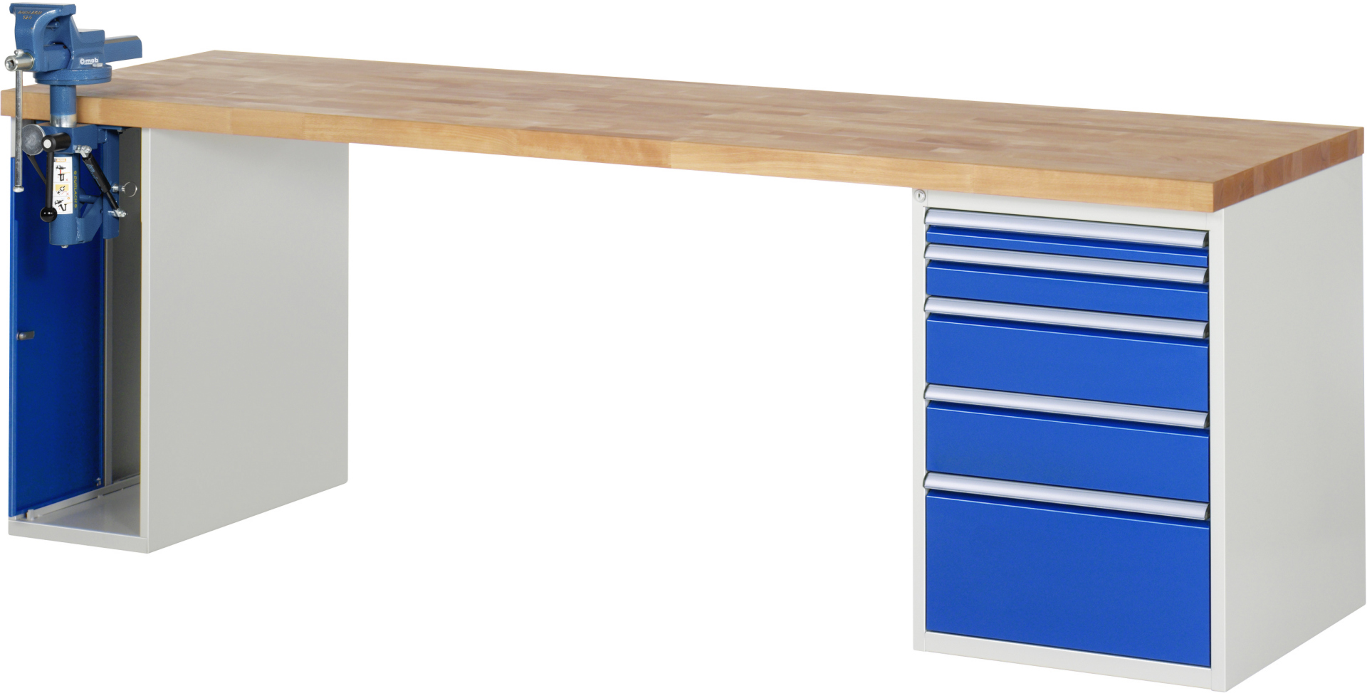 Werkbank Modell 7511 rot - schwarz, BxTxH 2500x700x840 mm,  Buche-Massiv Arbeitsplatte 40 mm,  5 Schubladen mit  Vollauszug 100 % und  SoftClosing