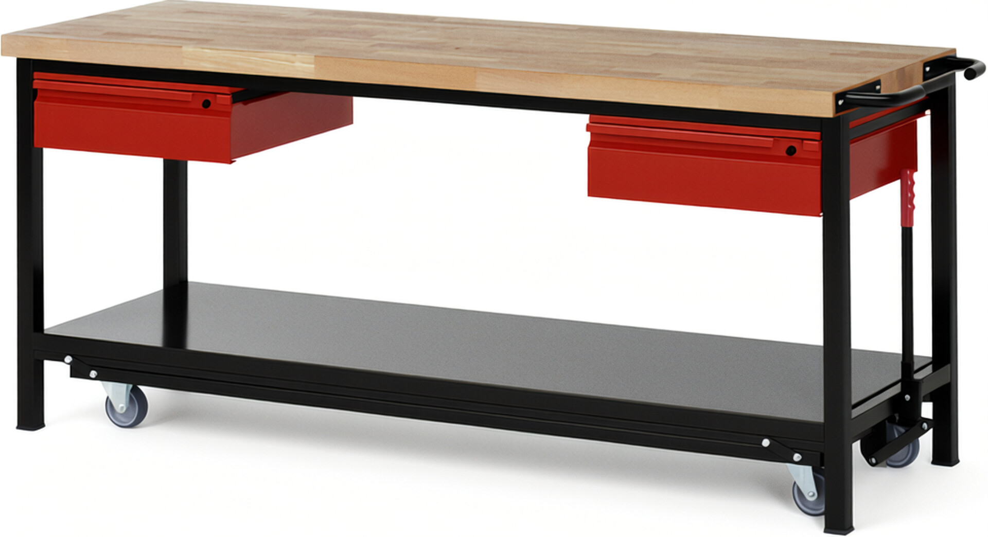 Absenkbare Werkbank - Modell 8002 BASIC schwarz-rot, BxTxH 2000x700x880 mm,  Buche-Massiv Arbeitsplatte 40 mm,  2 Schubladen mit  Auszug 90 %