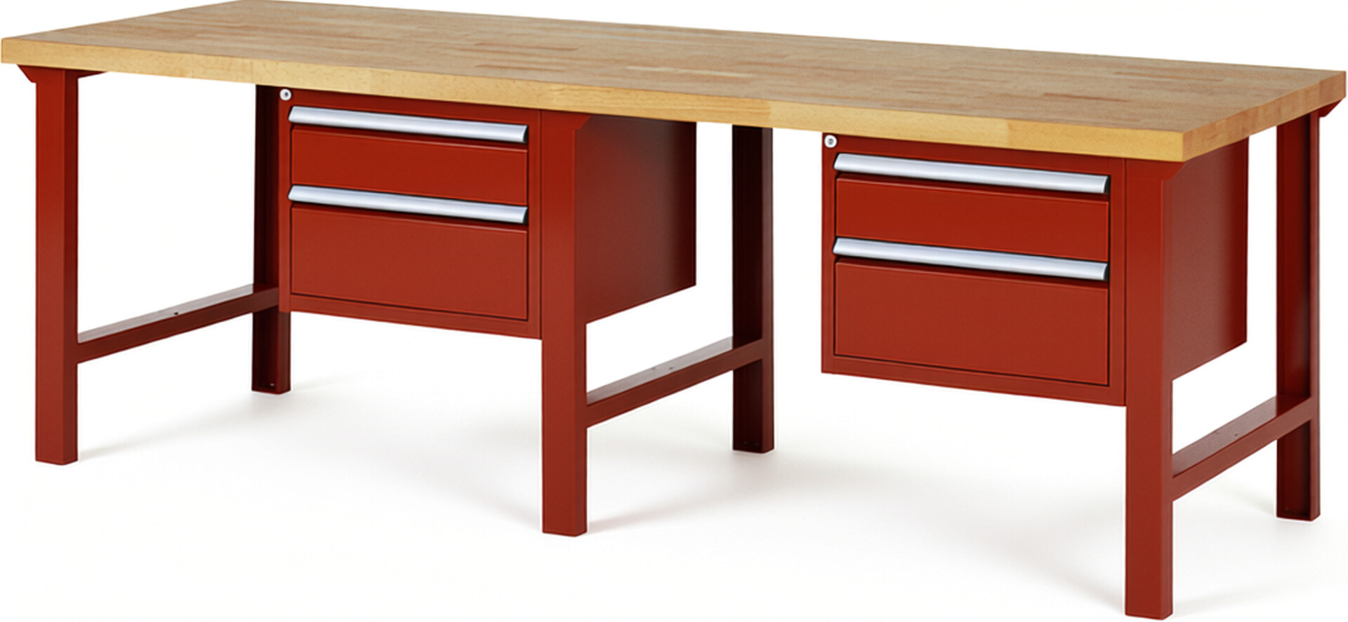 Werkbank Modell 7123 rot, BxTxH 2500x900x840 mm,  Buche-Massiv Arbeitsplatte 40 mm,  4 Schubladen mit  Vollauszug 100 % und  SoftClosing